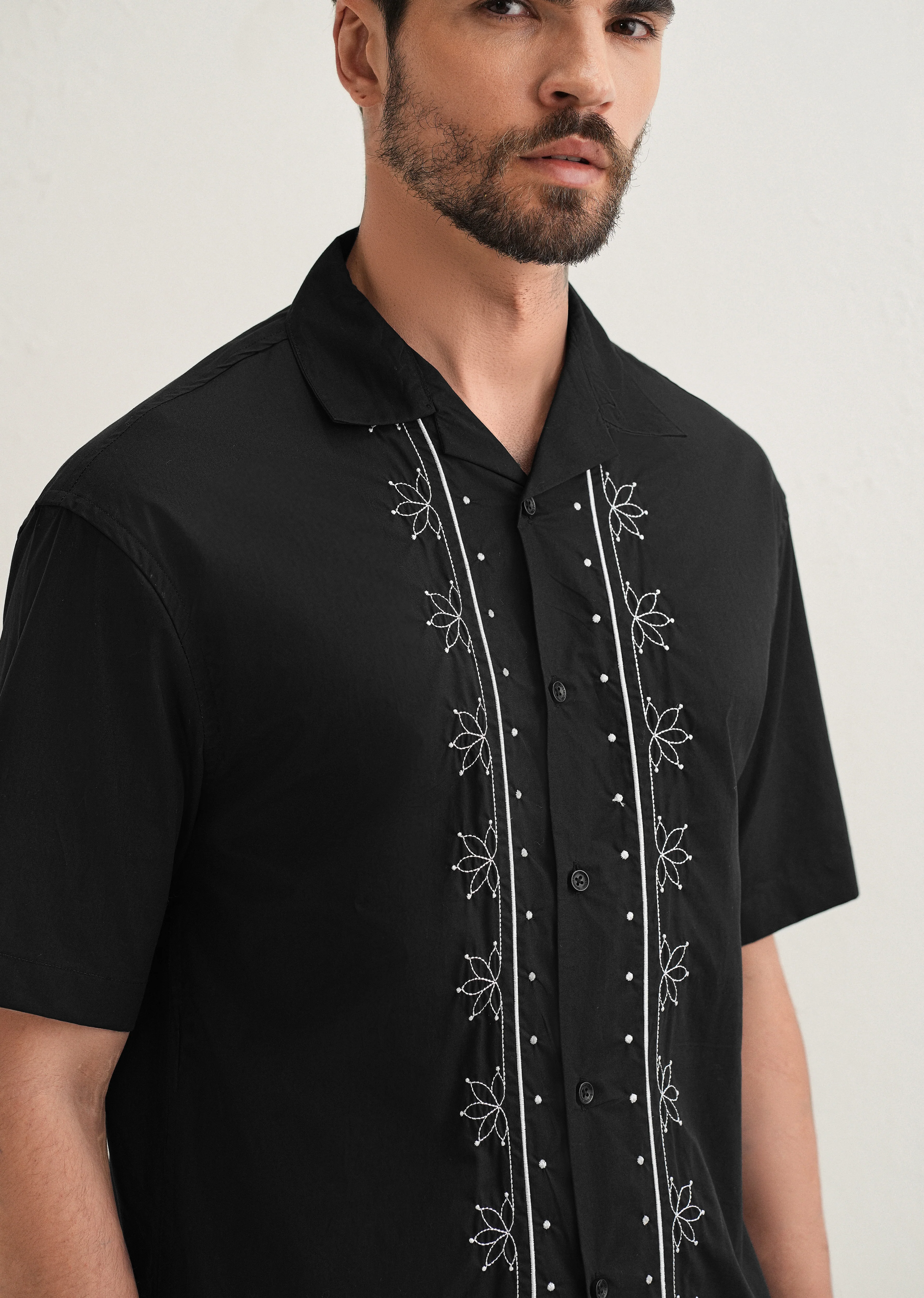 Black Floral Embroidered Pure Cotton Shirt - Image 6