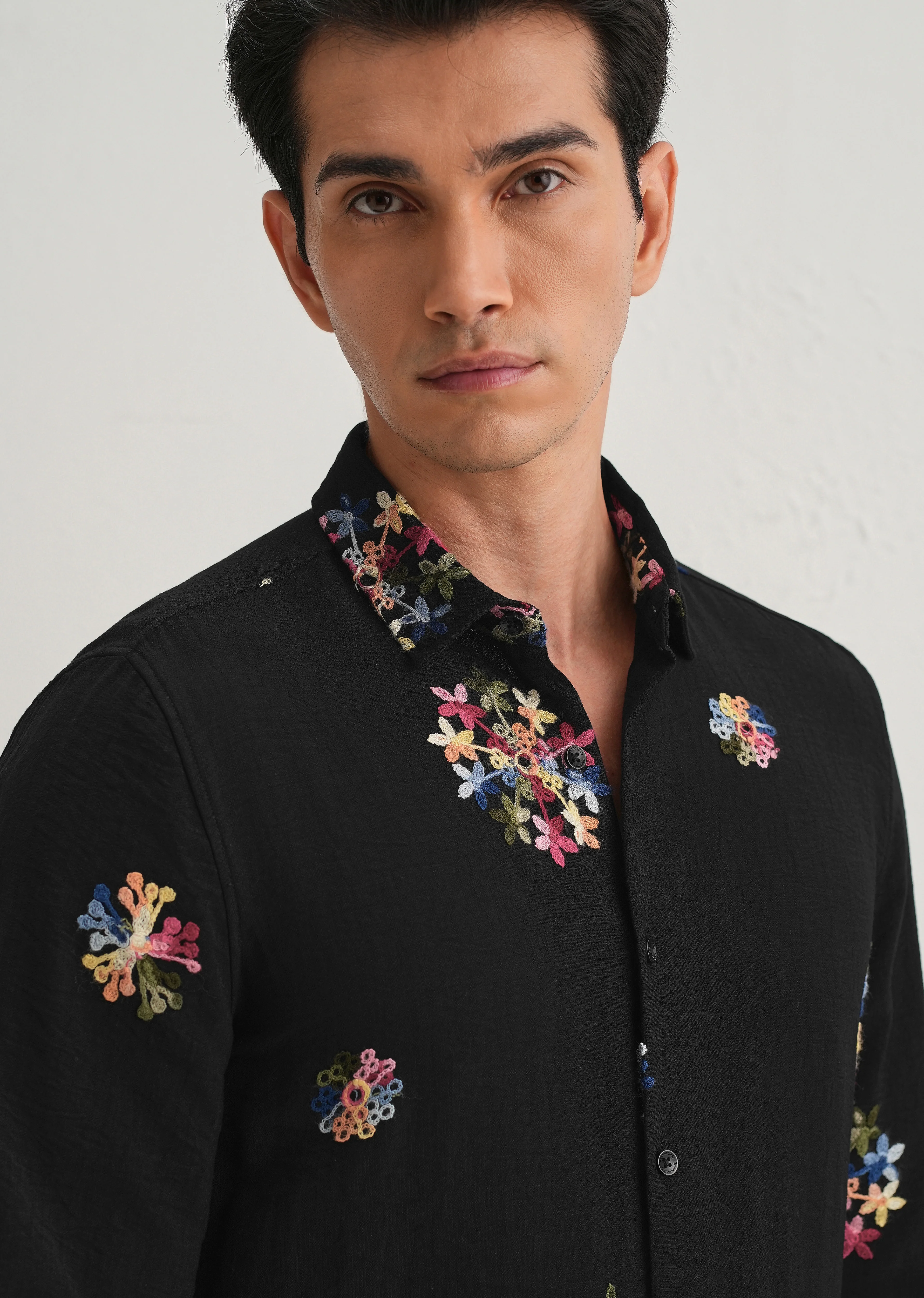 Black Floral Embroidered Shirt - Image 5