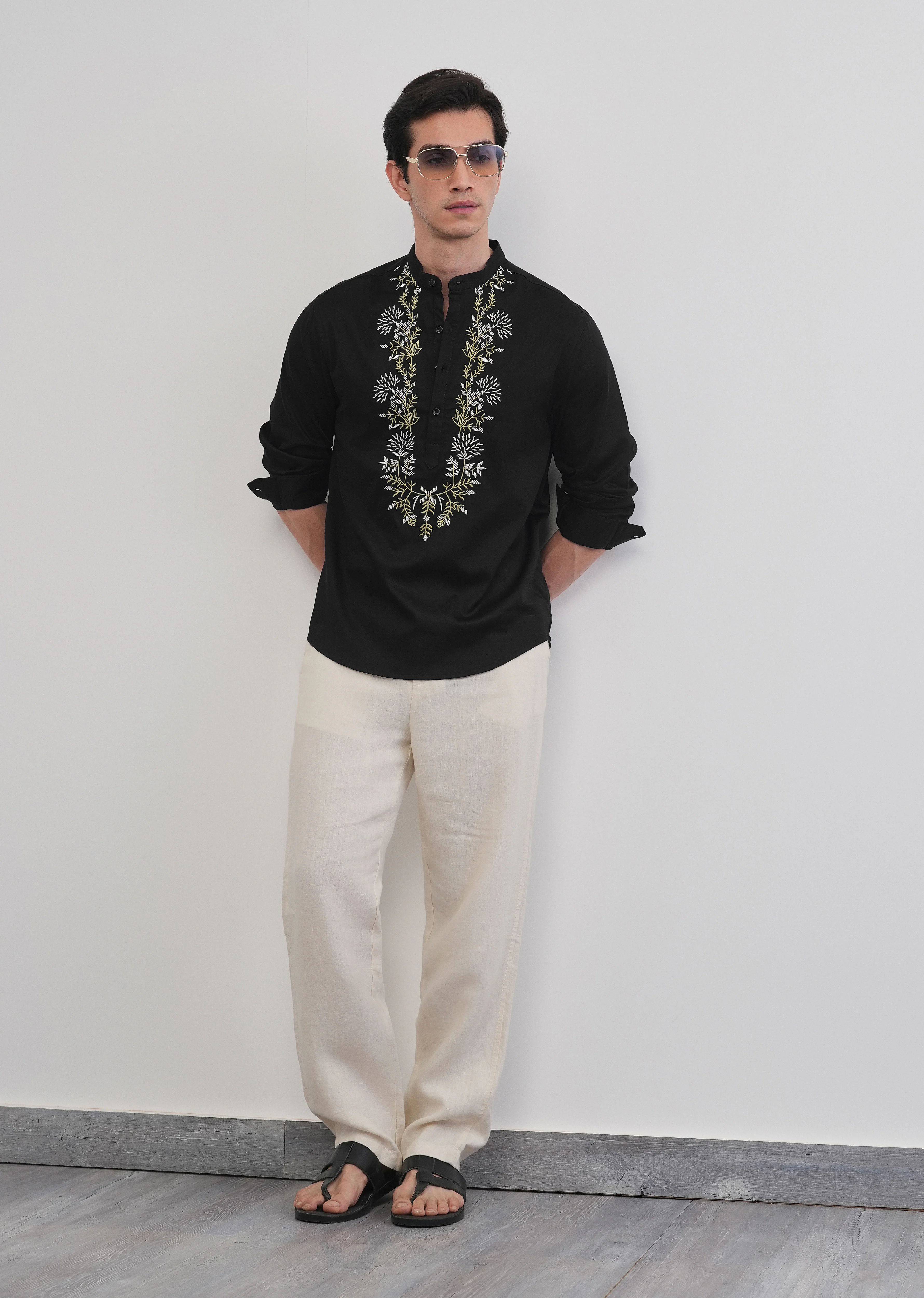 Black Floral Embroidered Short Kurta - Image 6