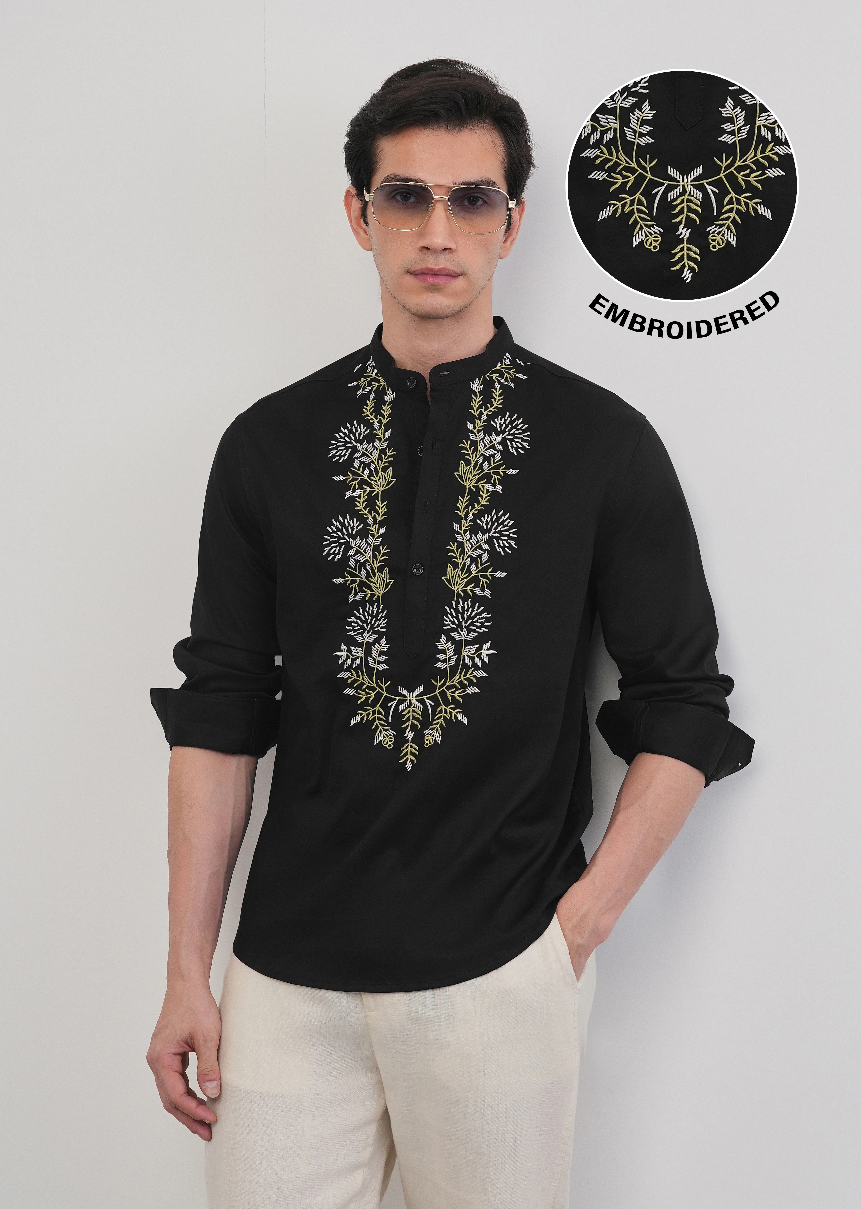 Black Floral Embroidered Short Kurta - Image 7