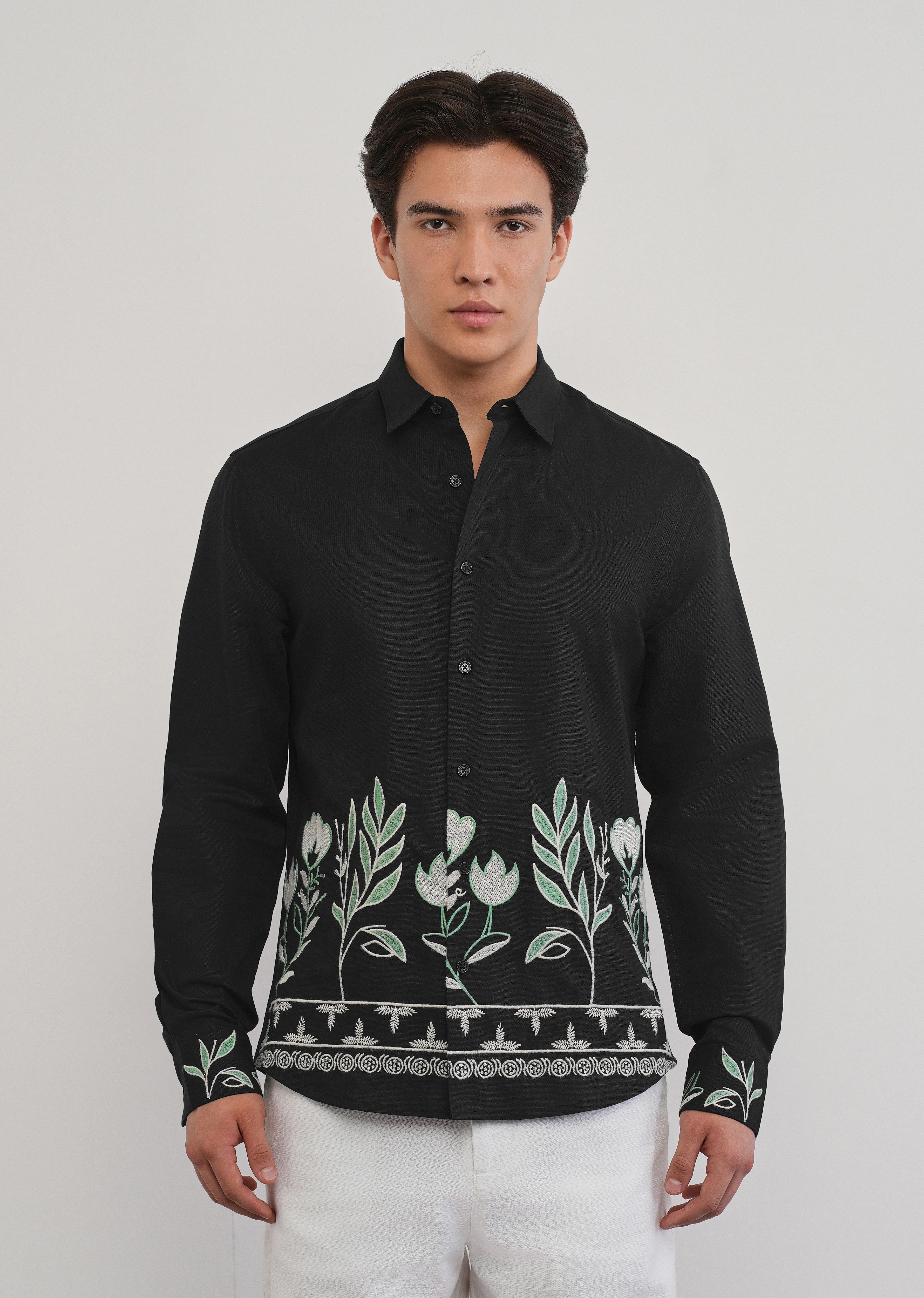 Black Floral Hem Embroidered Shirt - Image 3