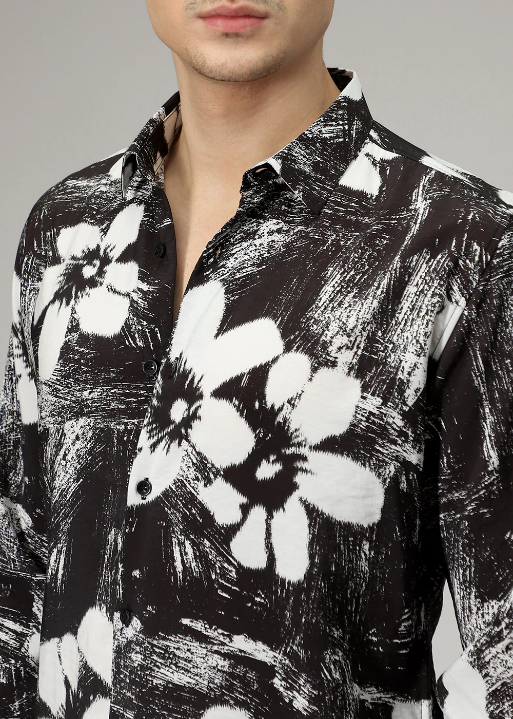 Black Floral Line Print Shirt - Image 2