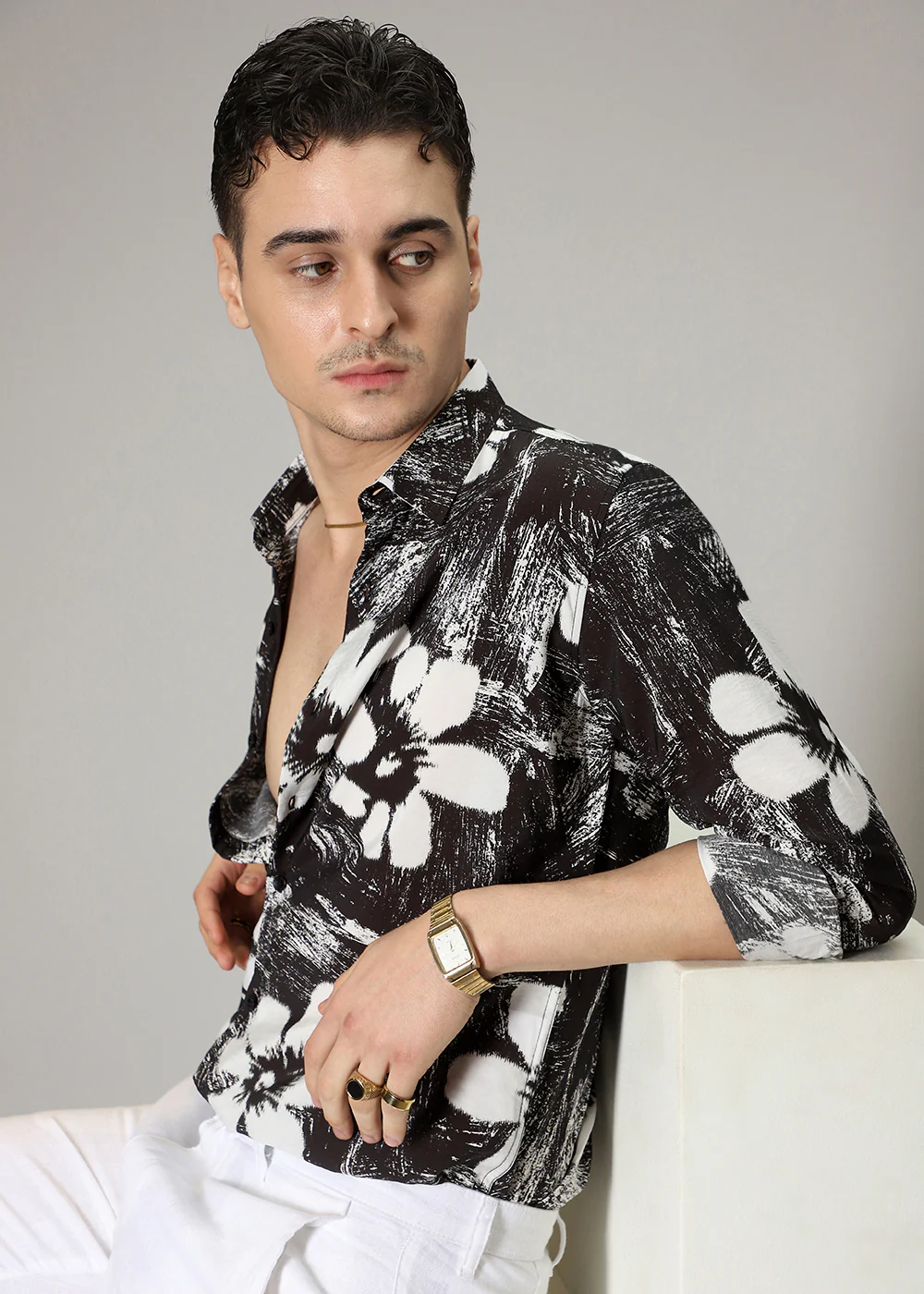 Black Floral Line Print Shirt - Image 7