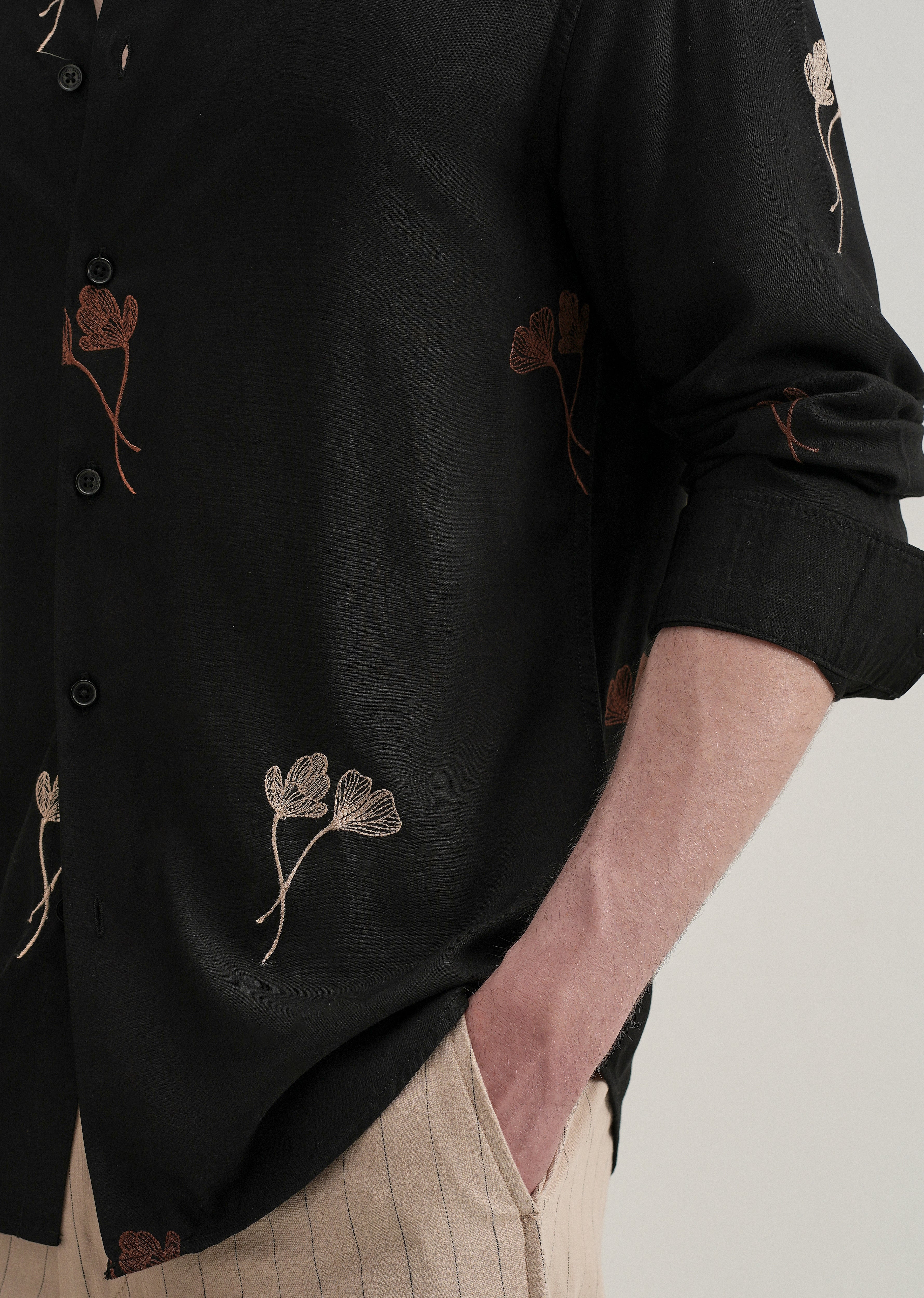 Black Floral Motif Embroidery Shirt - Image 2