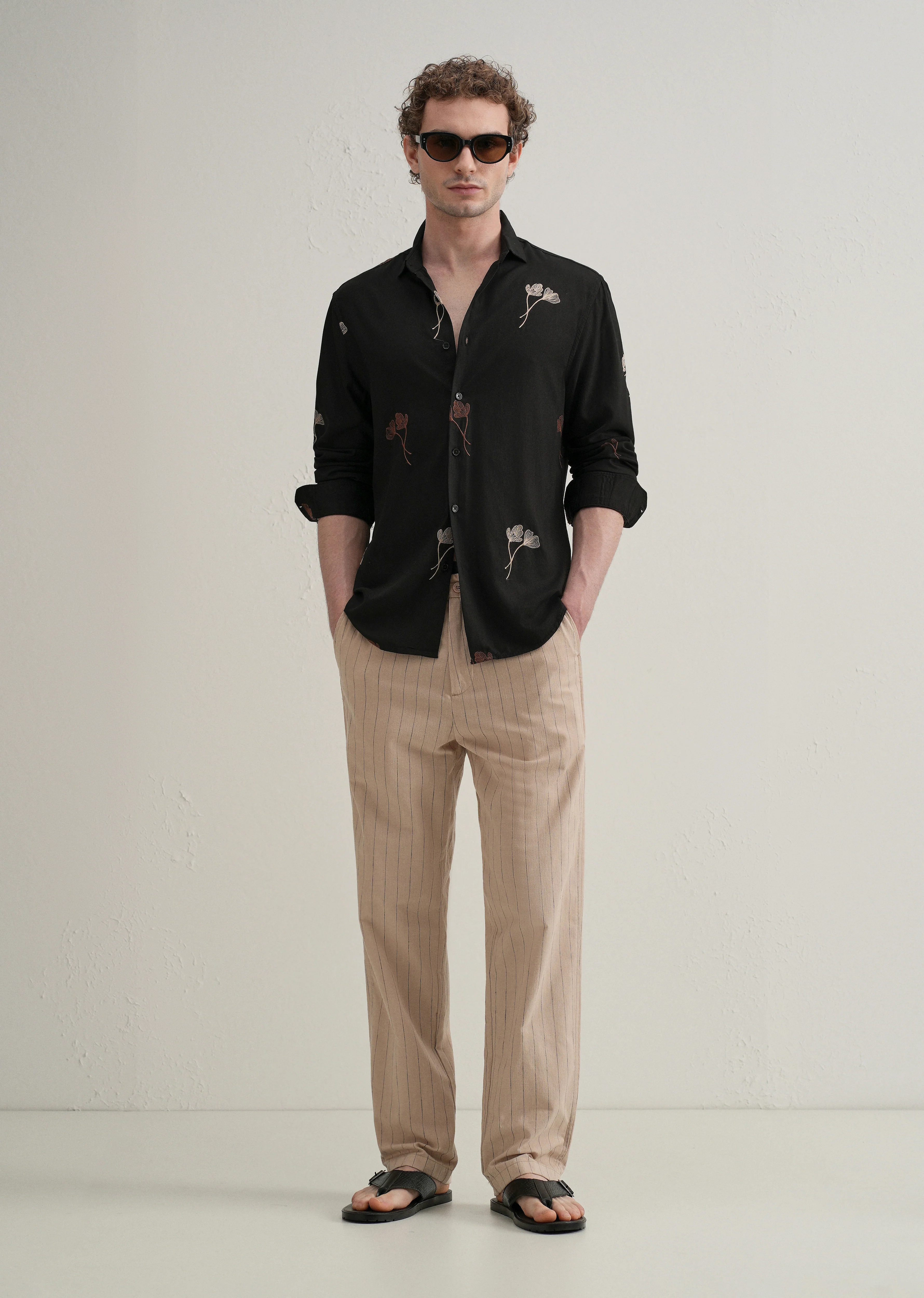 Black Floral Motif Embroidery Shirt - Image 6