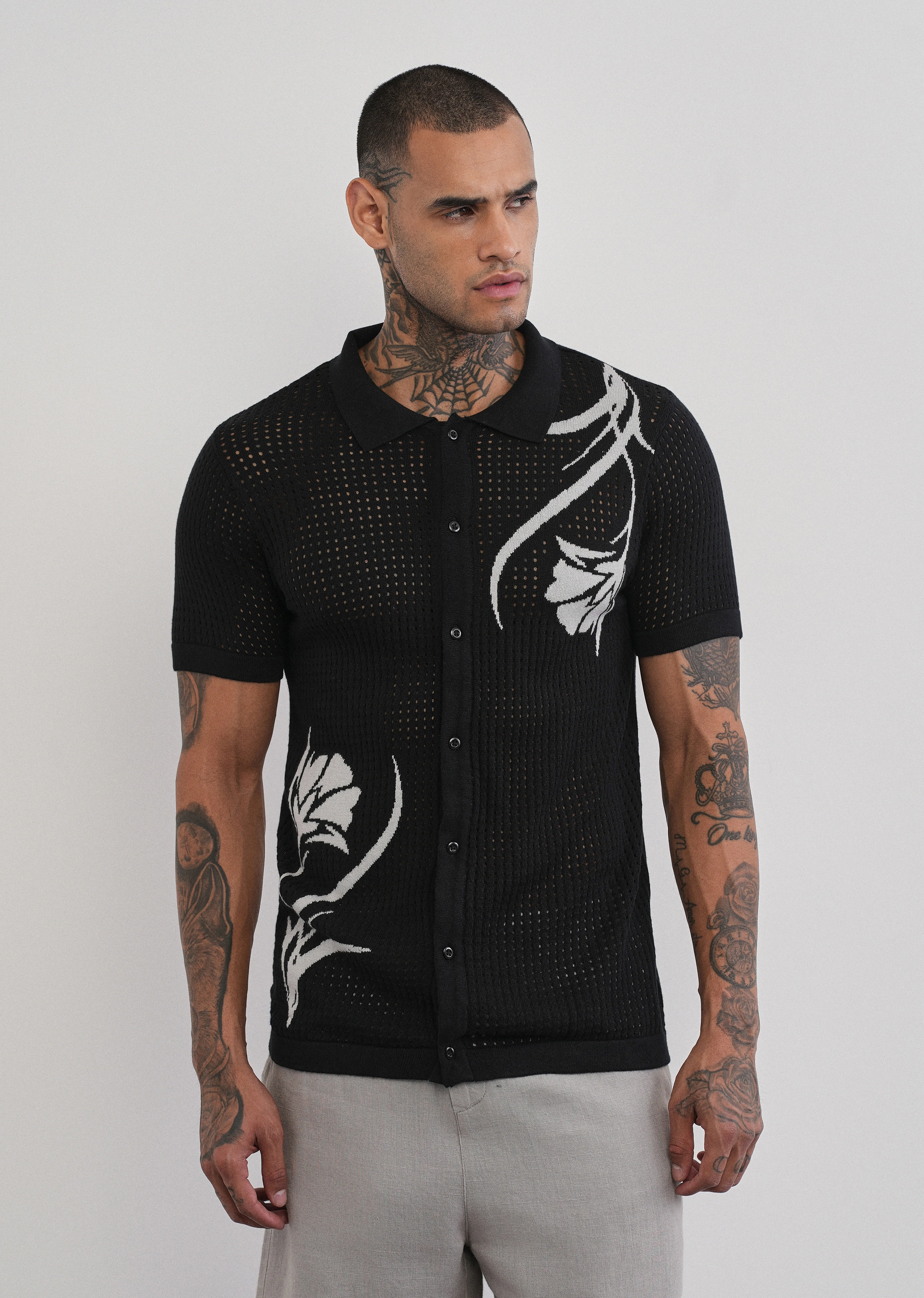 Black Floral Open Knit Shirt - Image 4