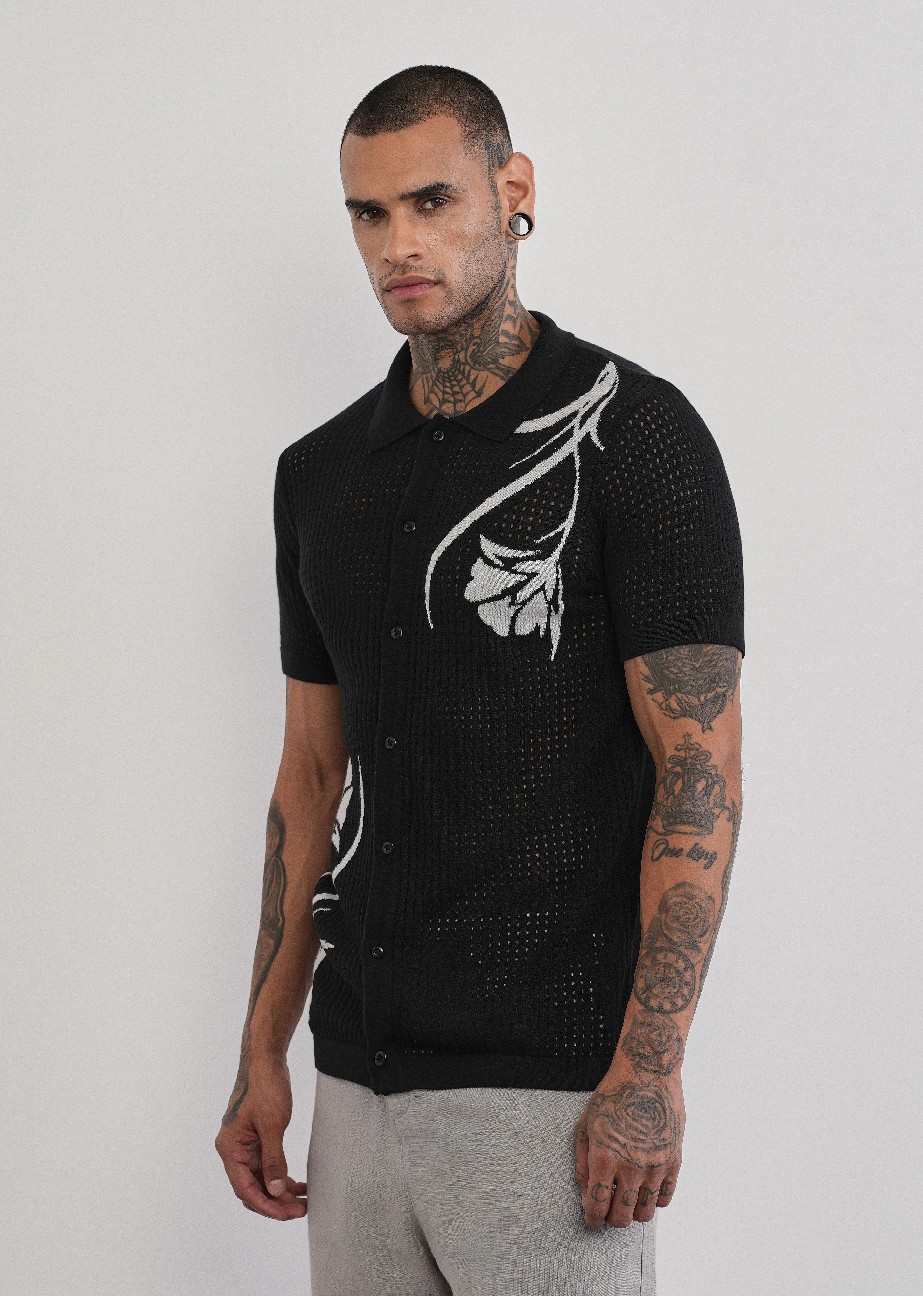 Black Floral Open Knit Shirt - Image 5