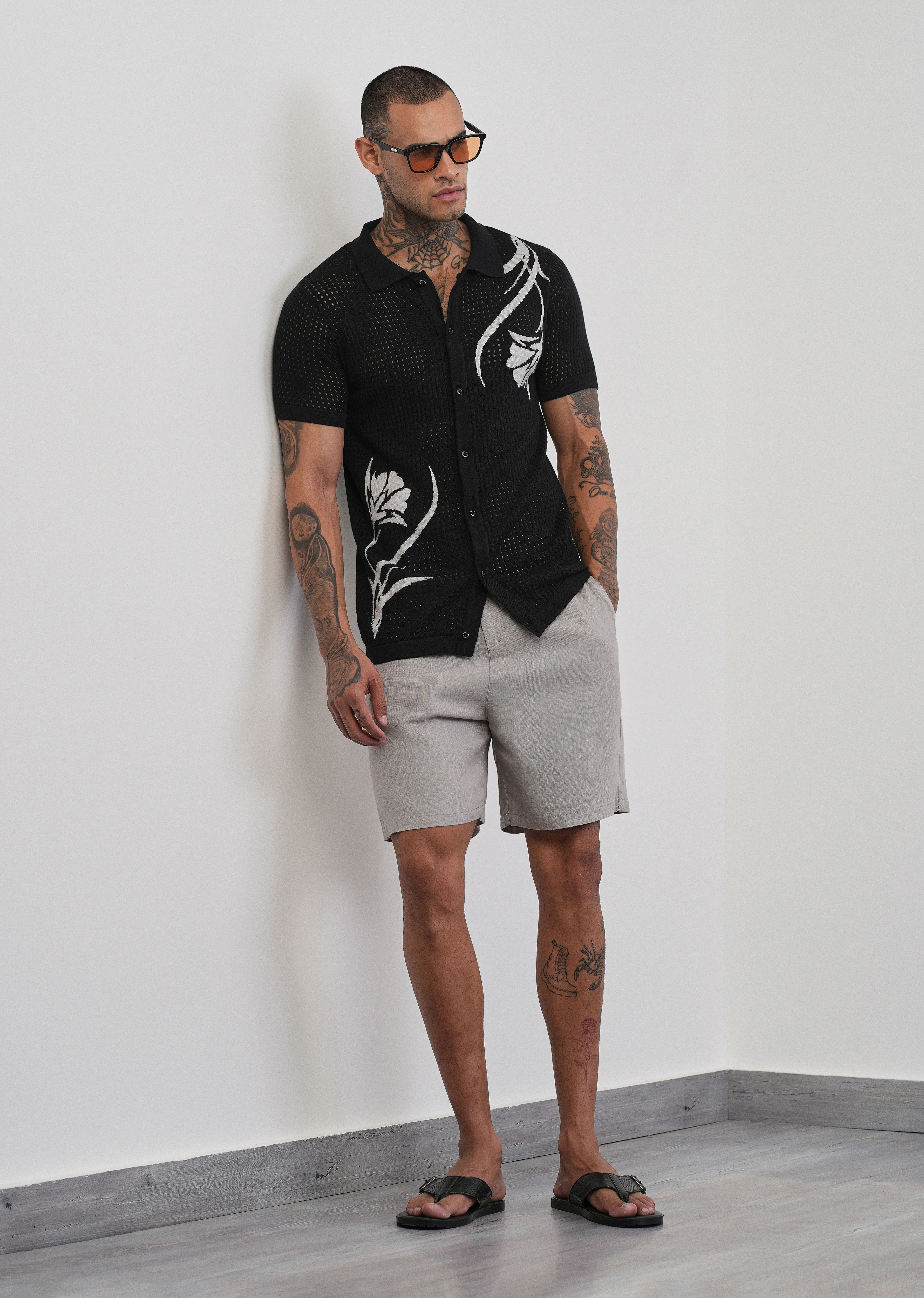 Black Floral Open Knit Shirt - Image 6
