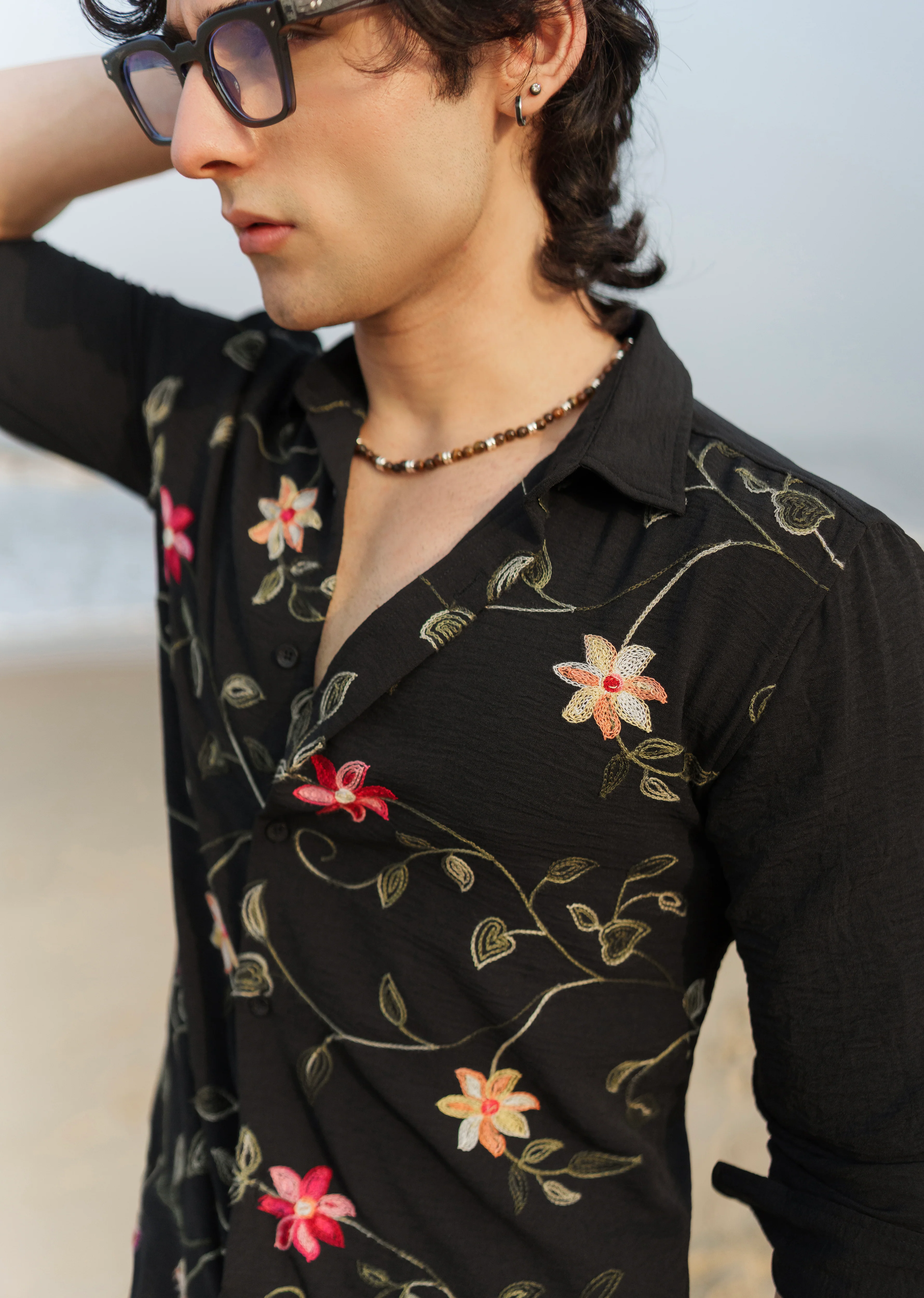 Black Floral Thread Work Shirt - Image 4