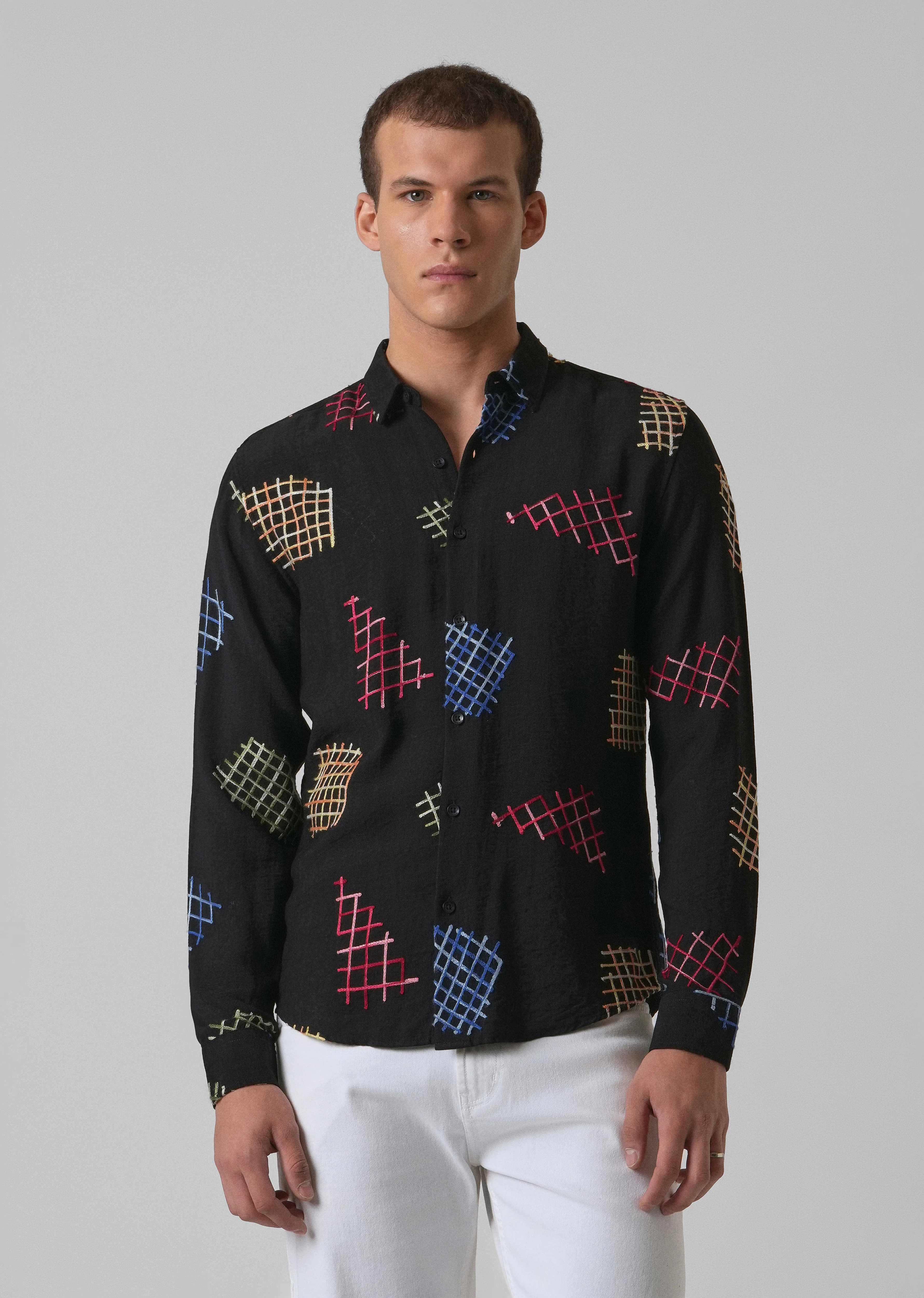 Black Geometric Embroidered Shirt - Image 3