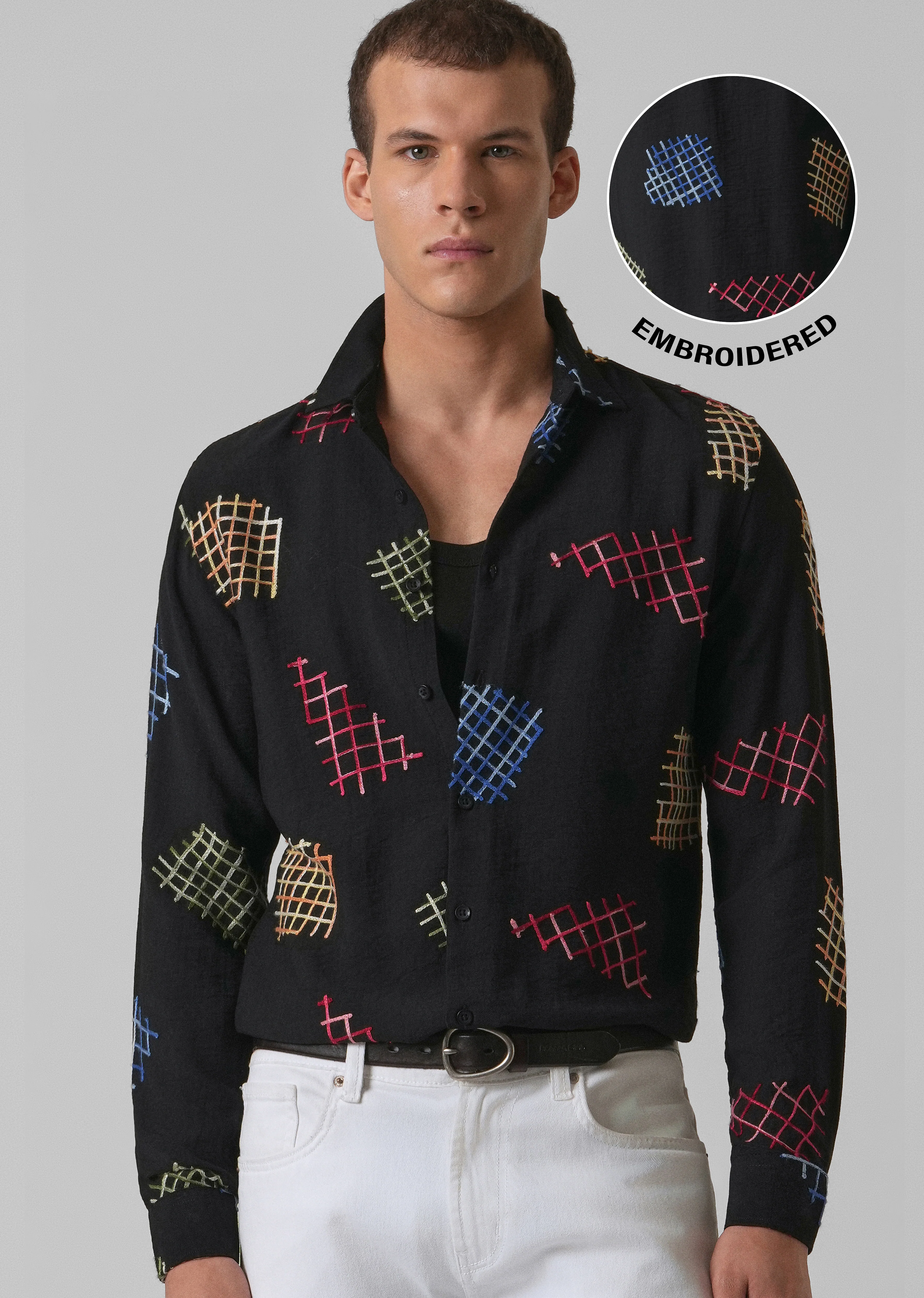 Black Geometric Embroidered Shirt - Image 7
