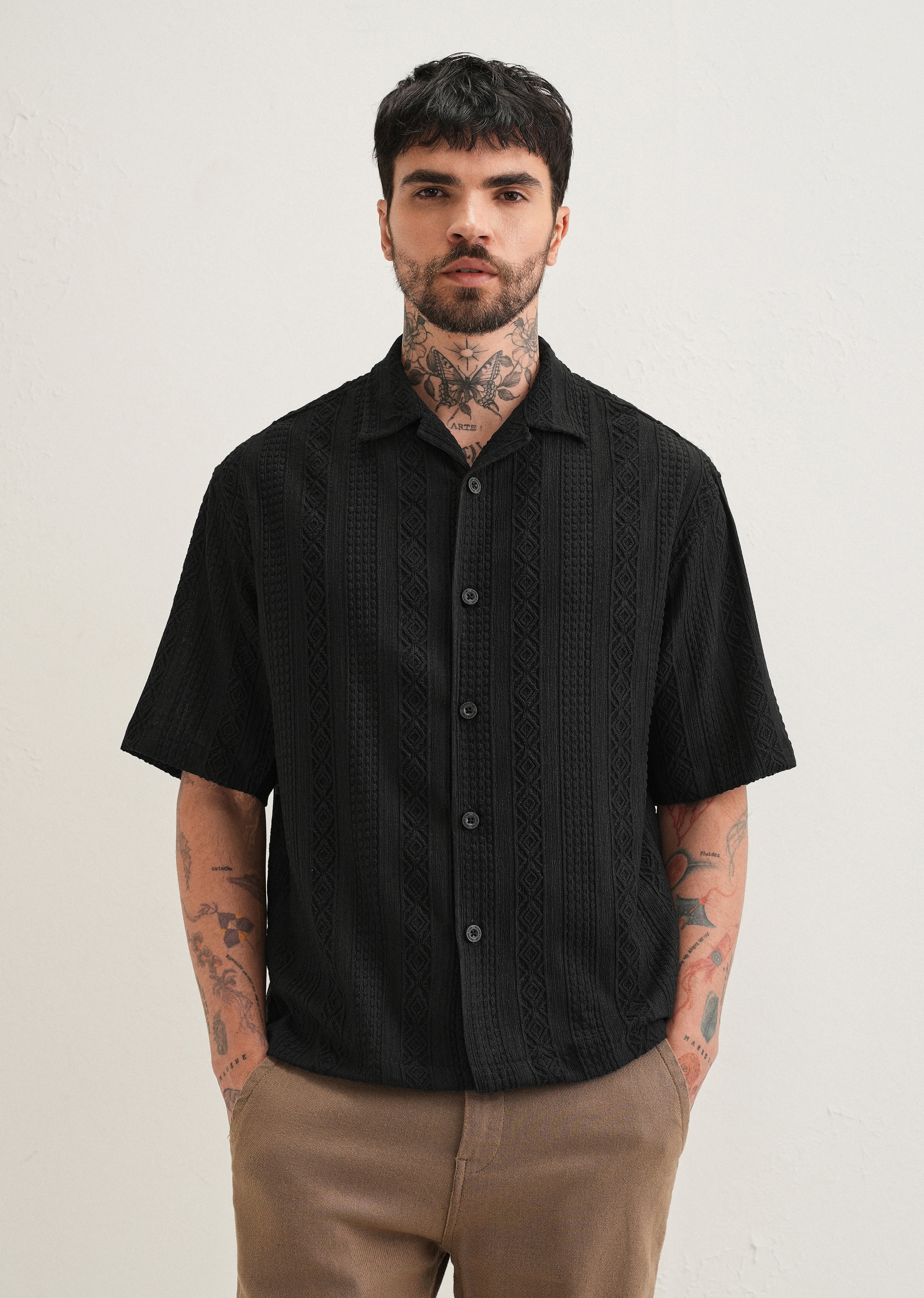 Black Geometric Textured Shirt - Image 3