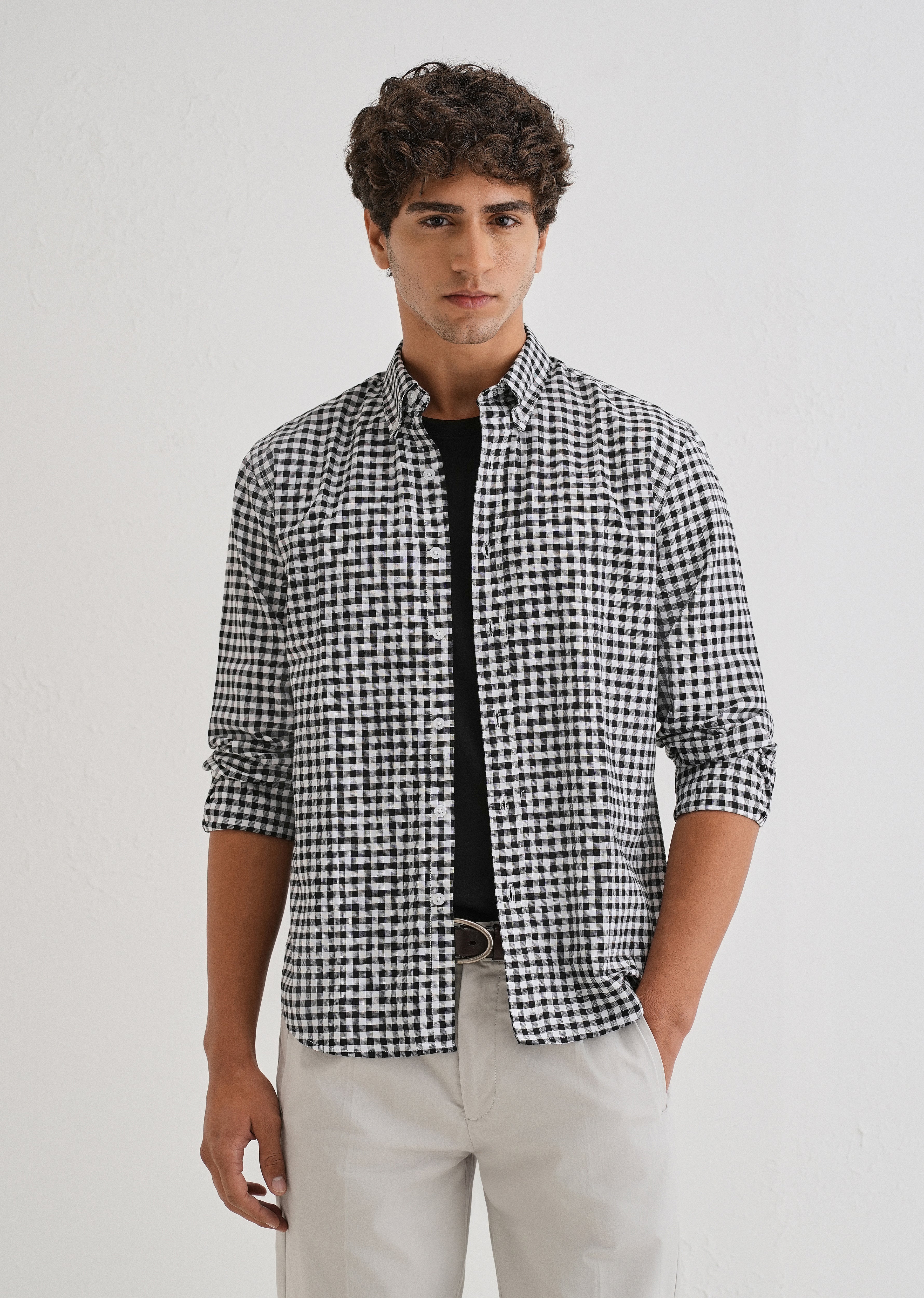 Black Gingham Check Cotton Oxford Shirt - Image 7