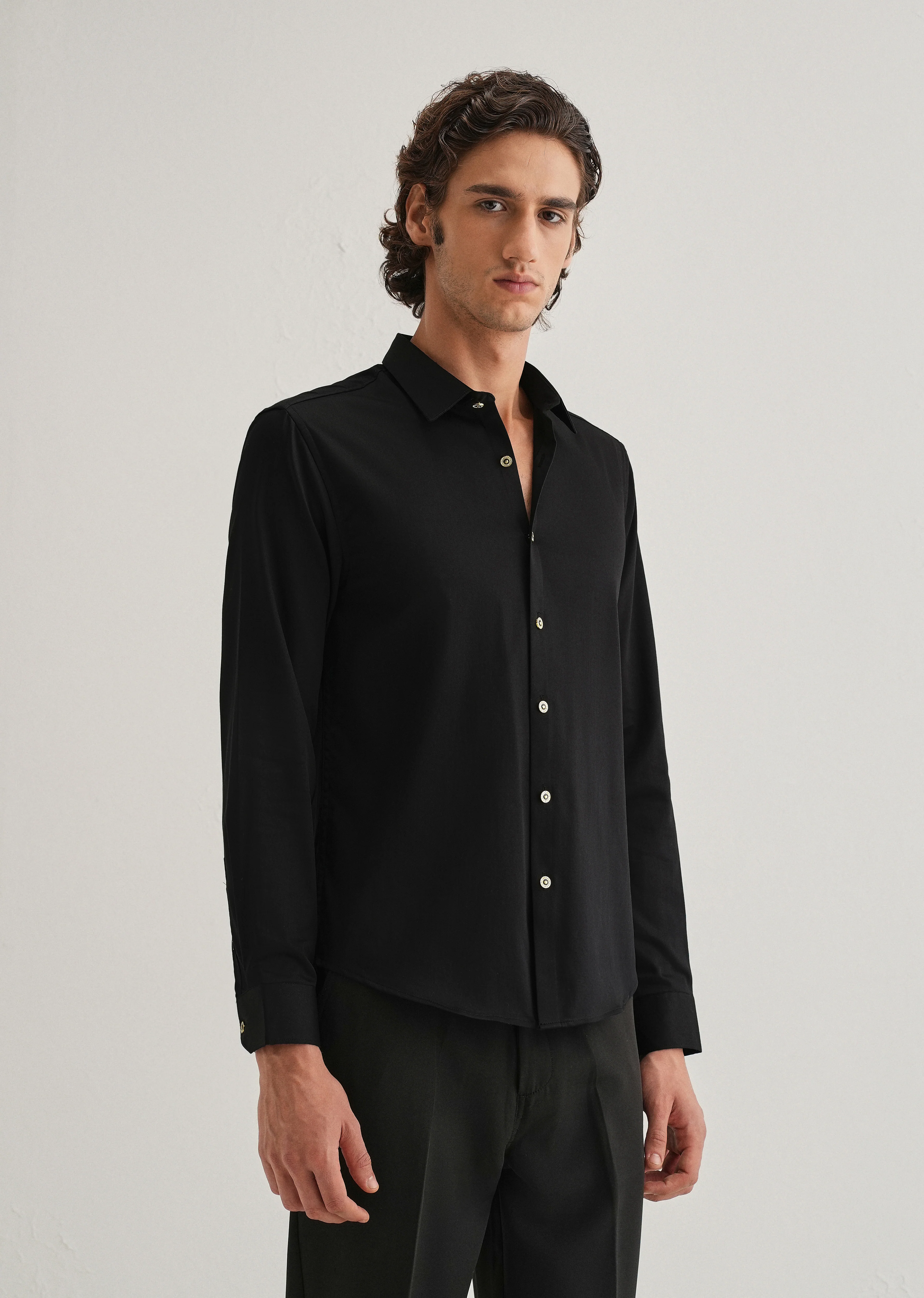 Black Glossy Gold Embellished Button Shirt - Image 6