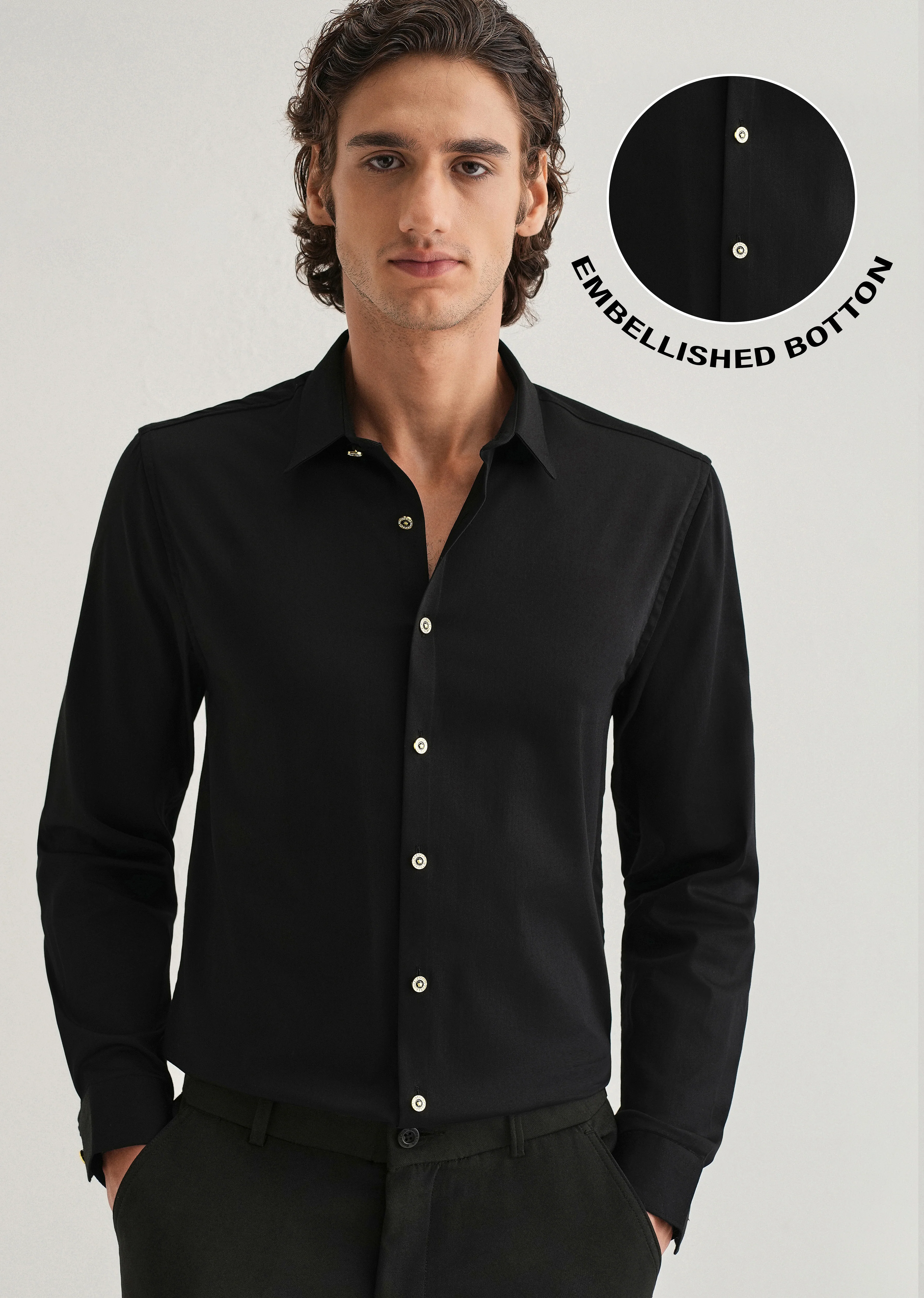 Black Glossy Gold Embellished Button Shirt - Image 8