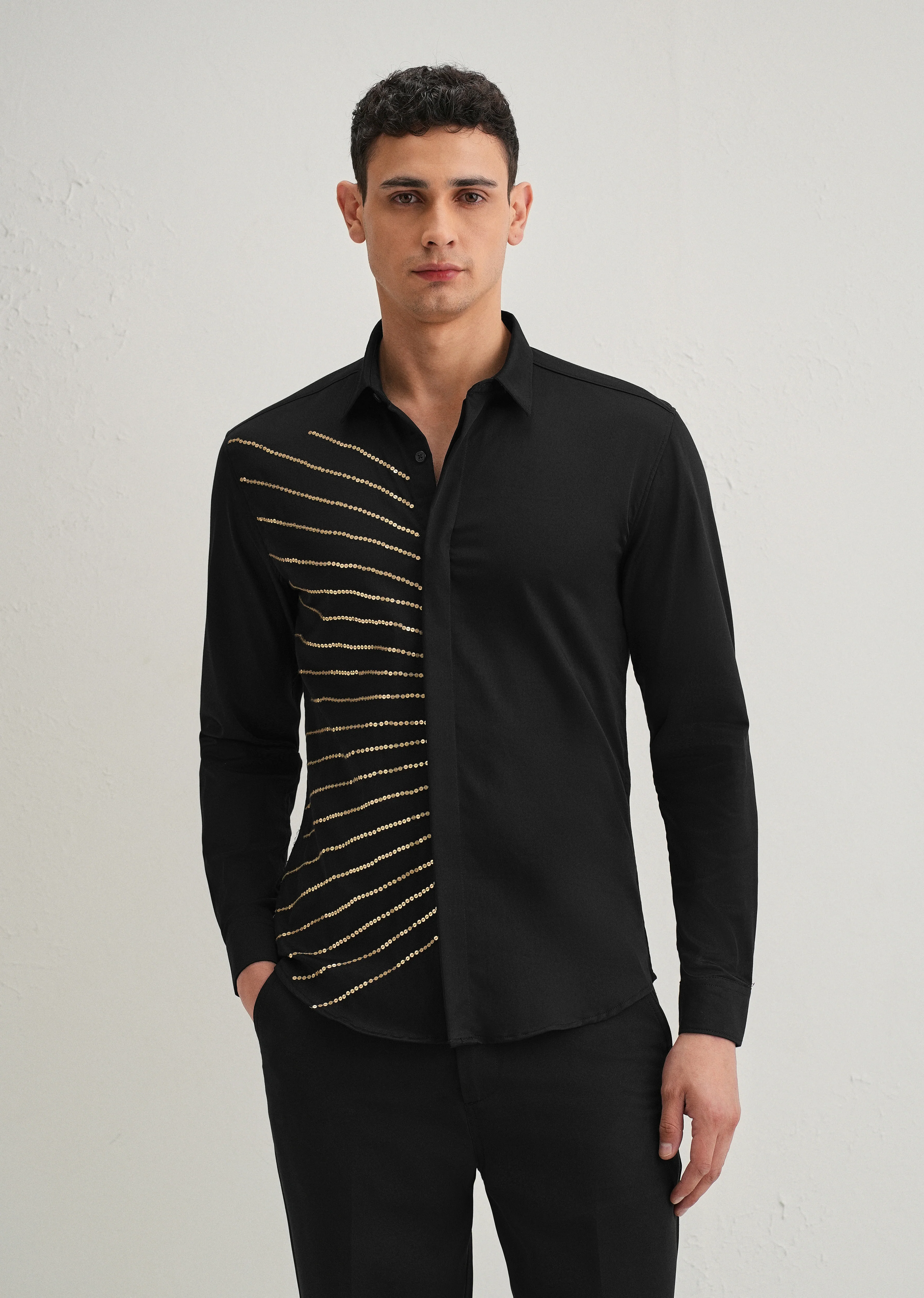 Black Gradient Ray Sequin Designer Shirt - Image 5