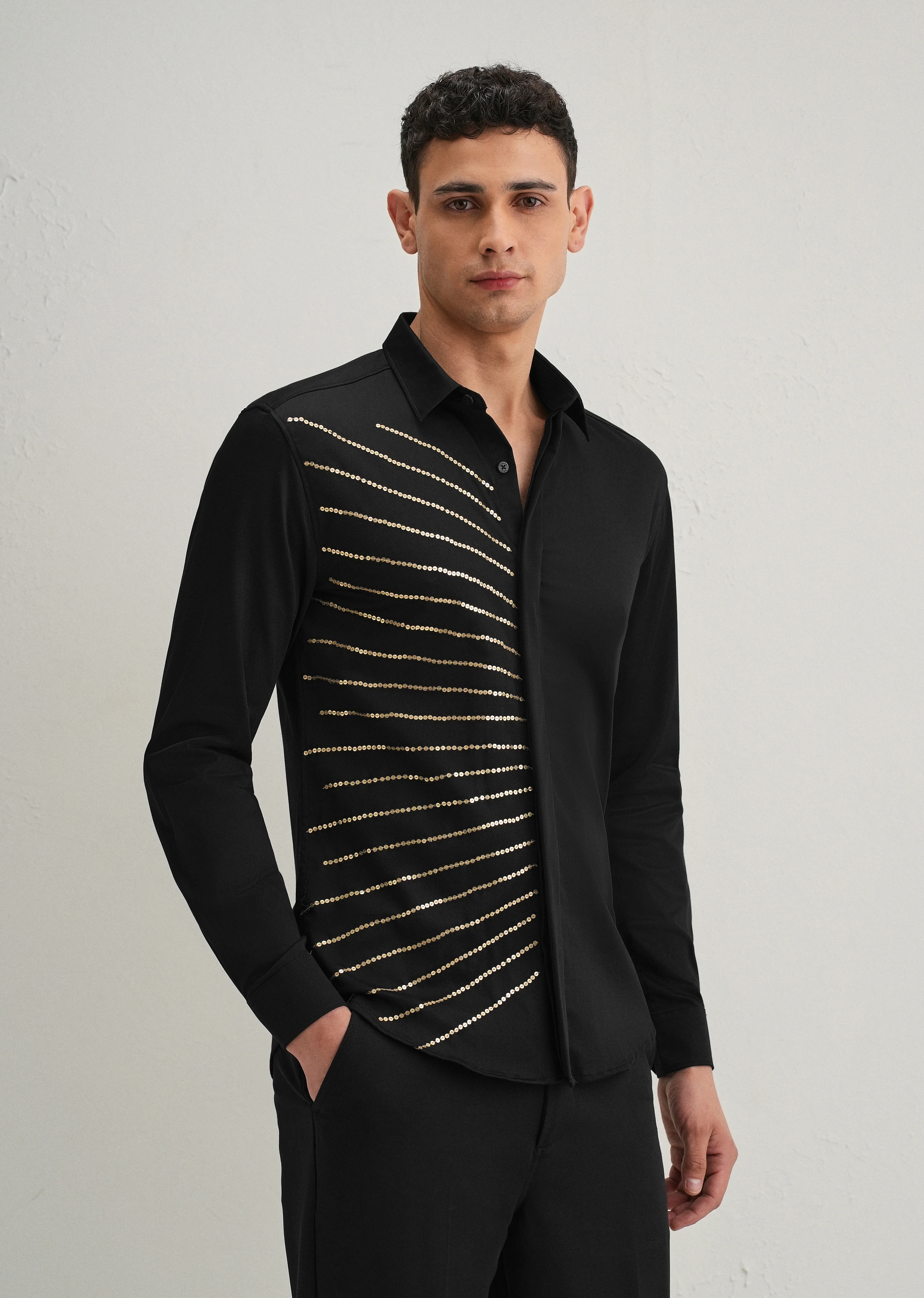 Black Gradient Ray Sequin Designer Shirt - Image 6
