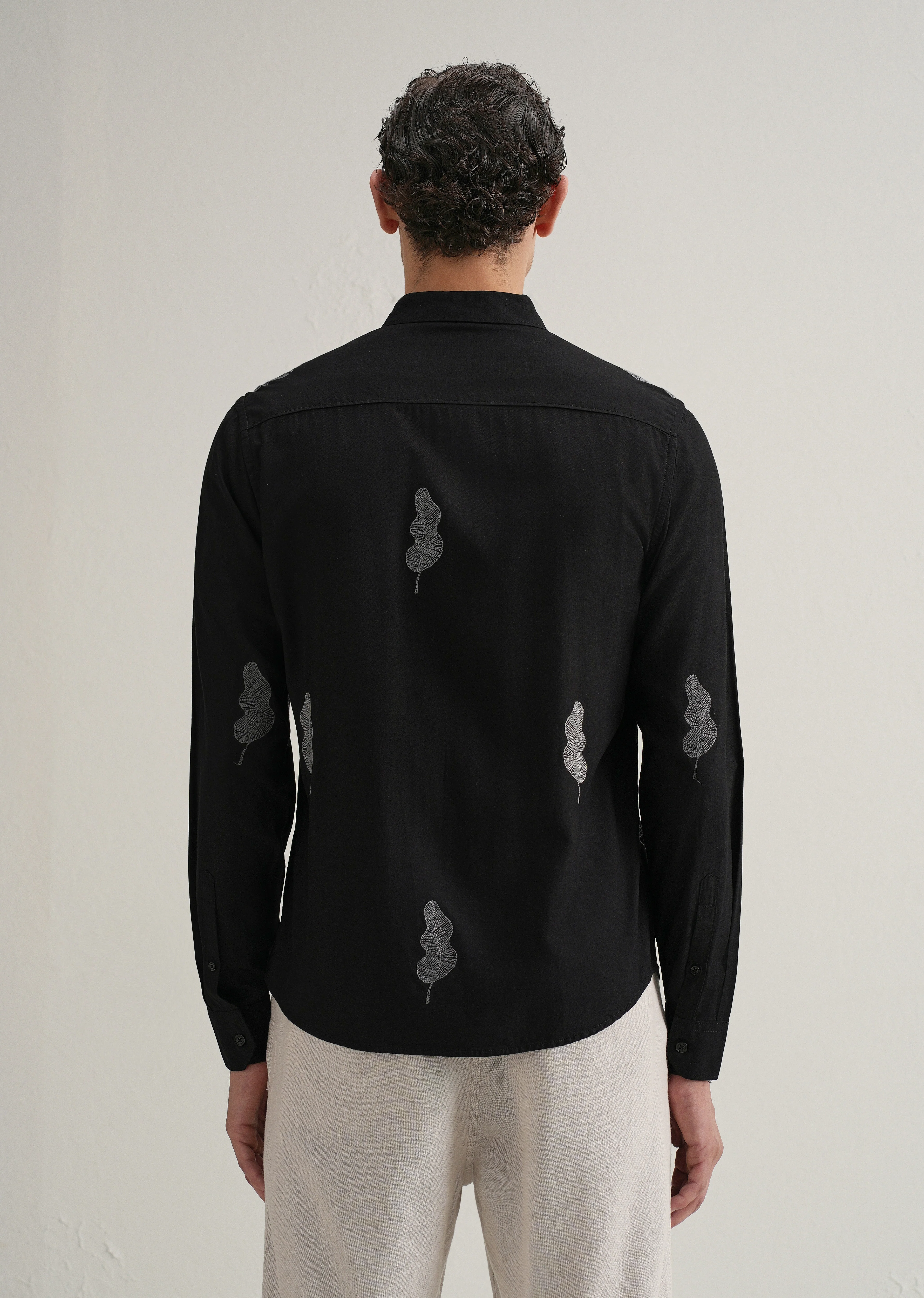 Black Grey Leaf Motif Embroidery Shirt - Image 3
