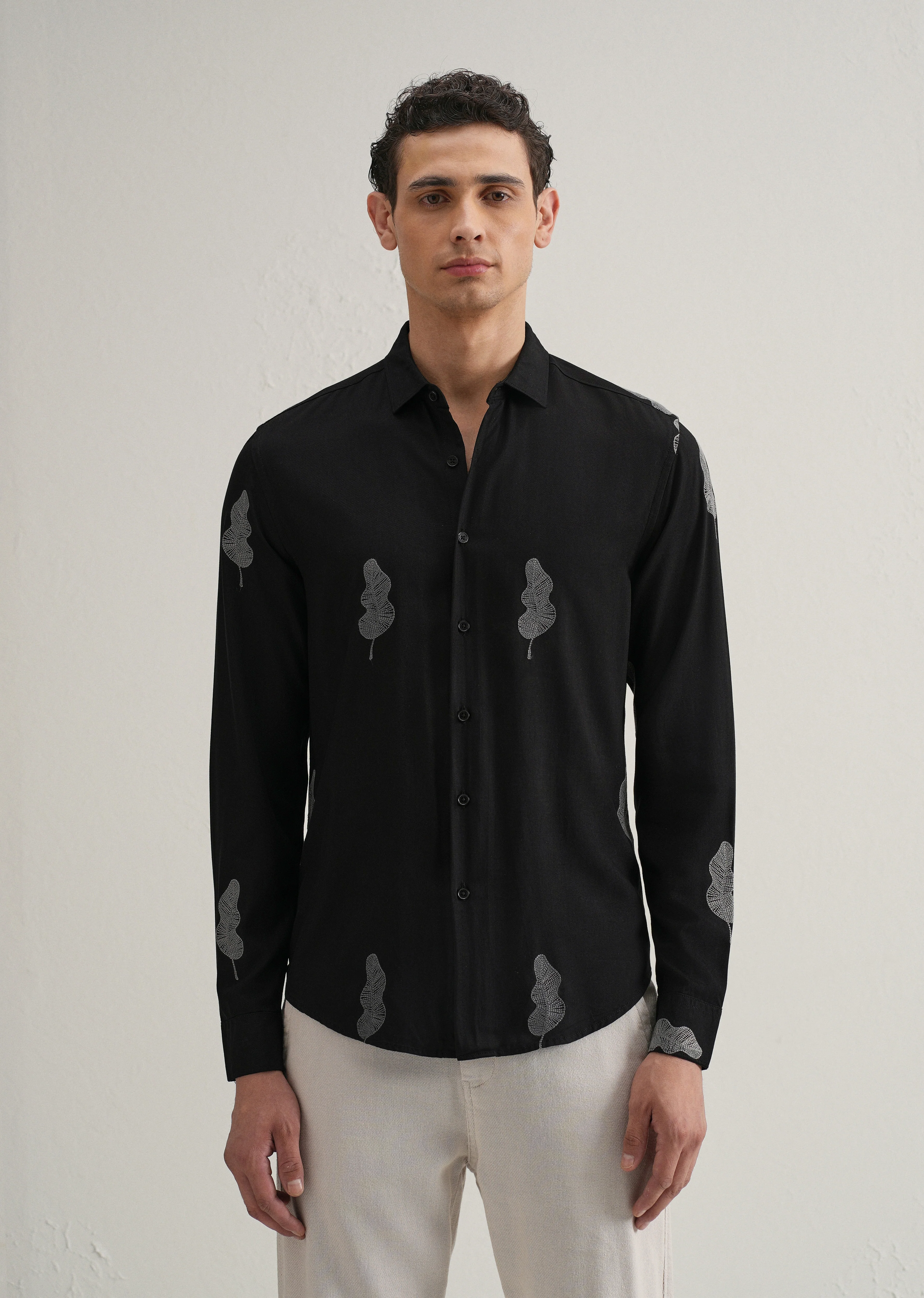 Black Grey Leaf Motif Embroidery Shirt - Image 4