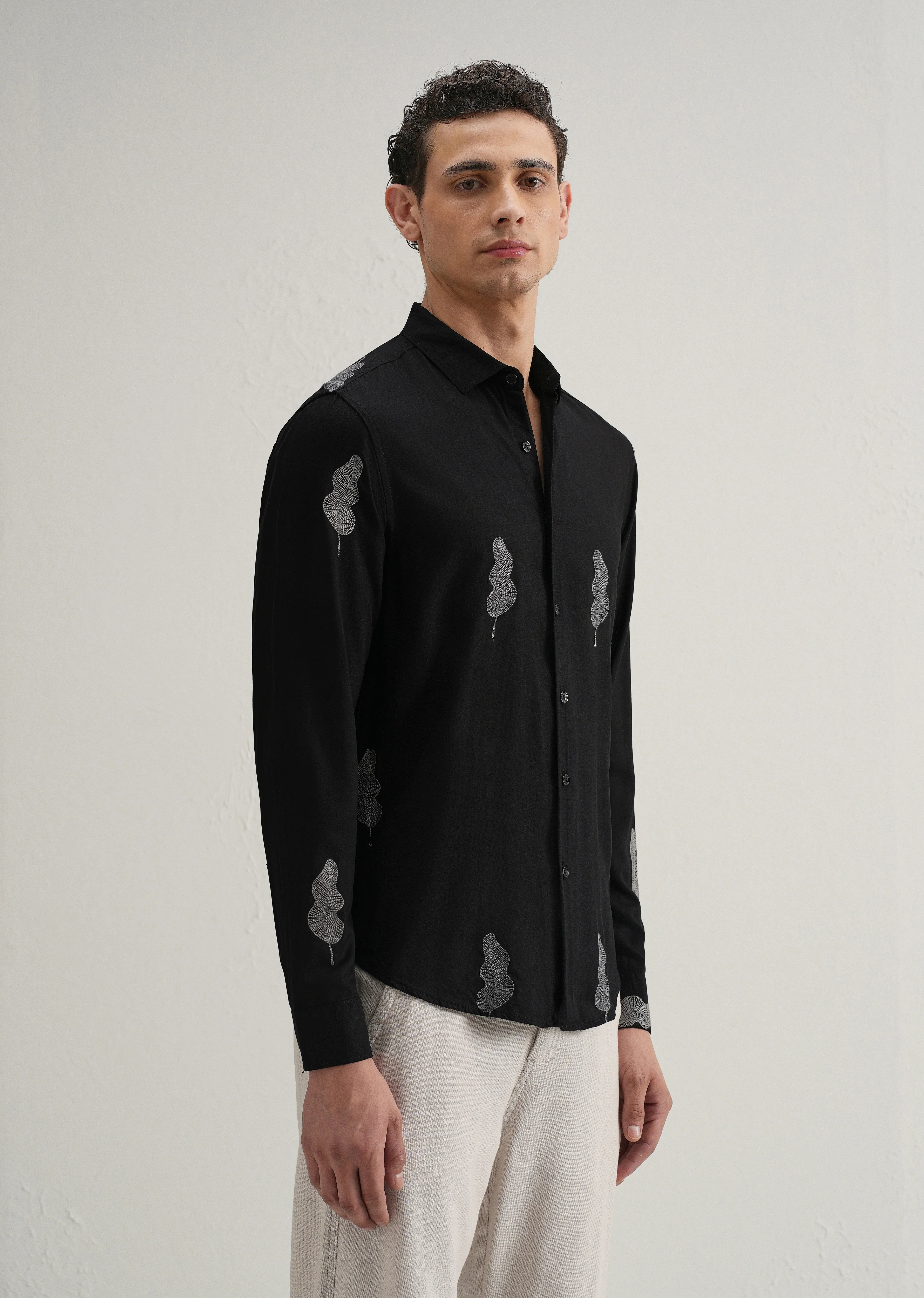 Black Grey Leaf Motif Embroidery Shirt - Image 5
