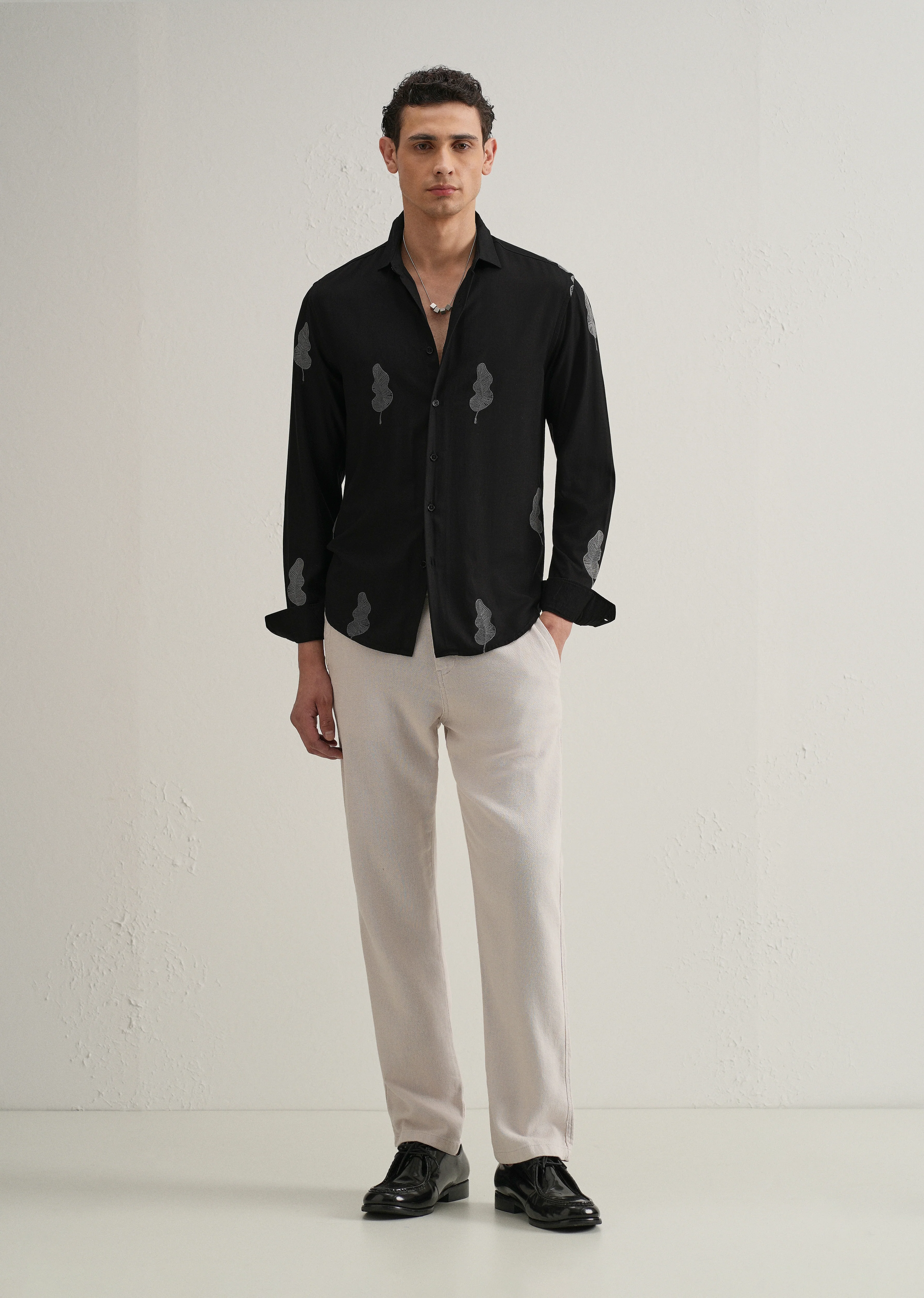 Black Grey Leaf Motif Embroidery Shirt - Image 6