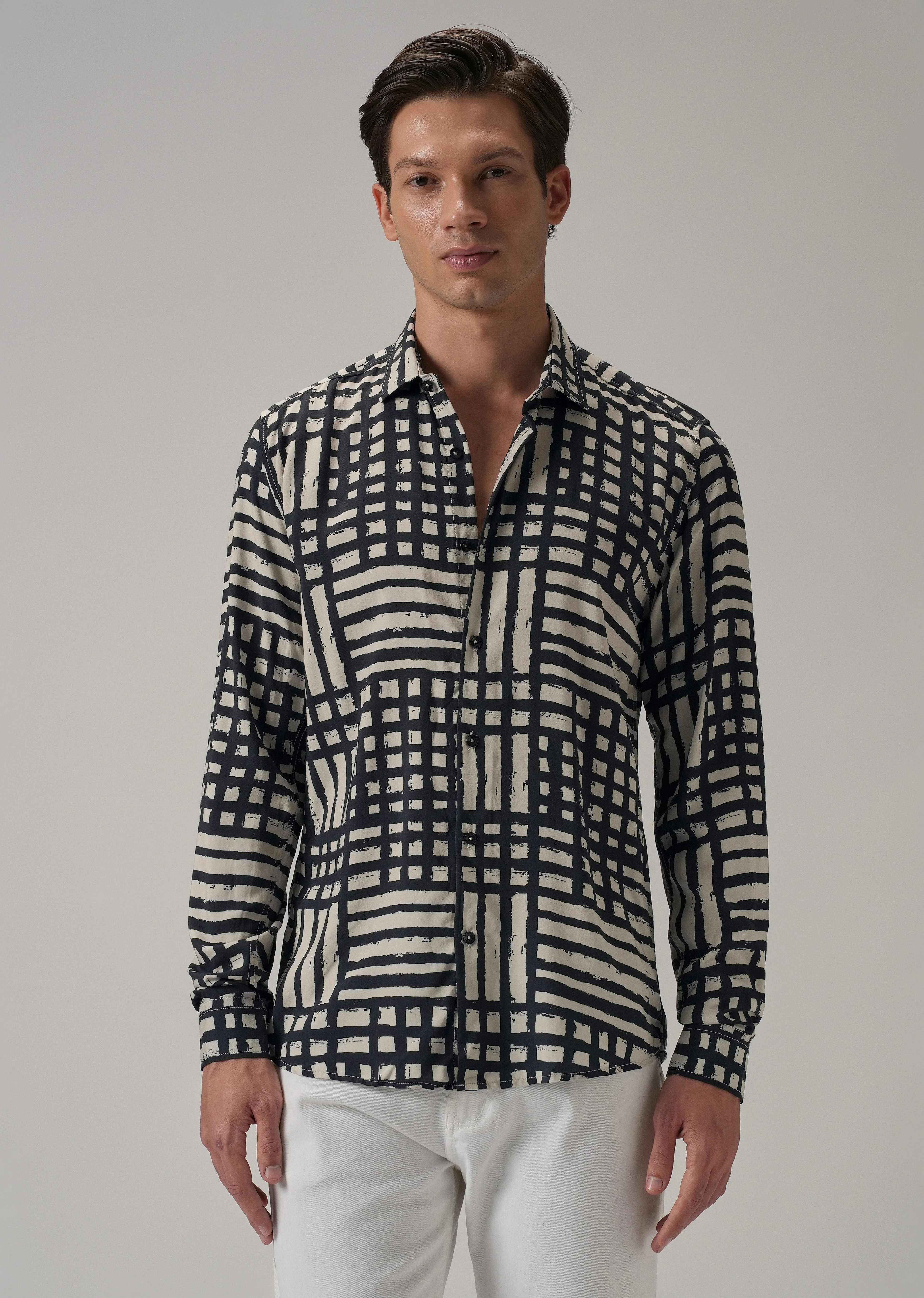 Black Grid Pattern Printed Shirt - Image 3