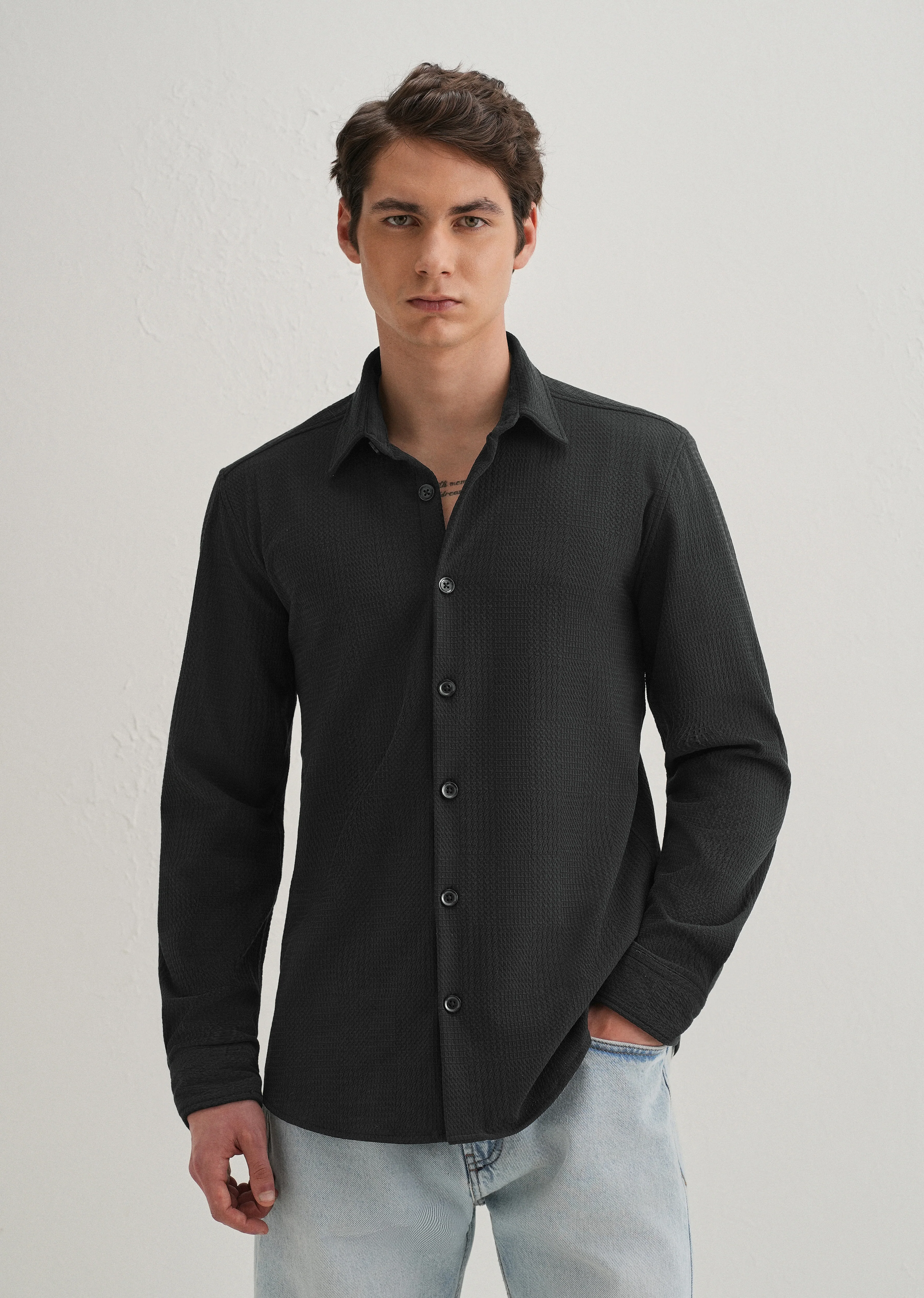 Black Grid Textured Knit Shirt - Image 3