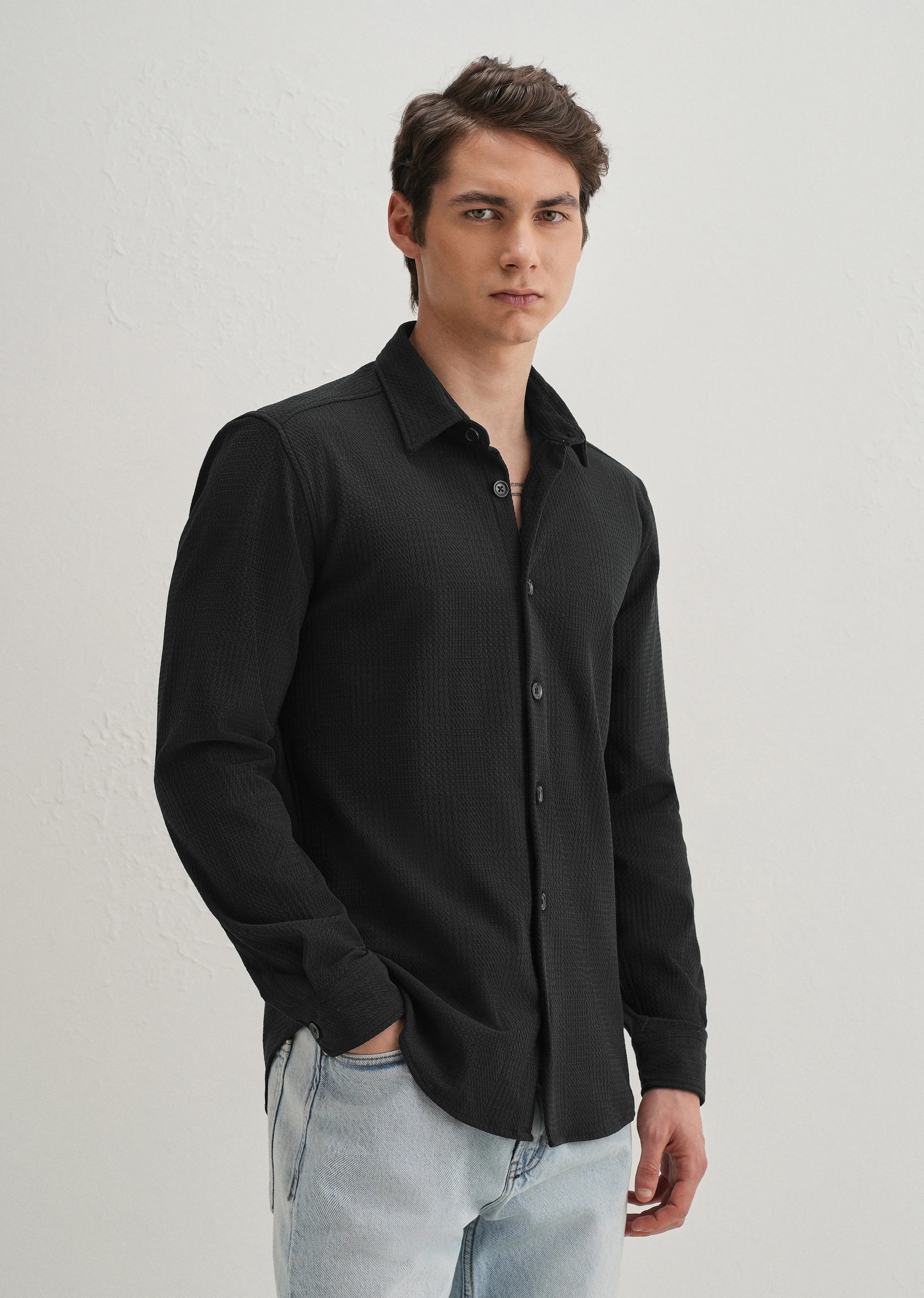 Black Grid Textured Knit Shirt - Image 4