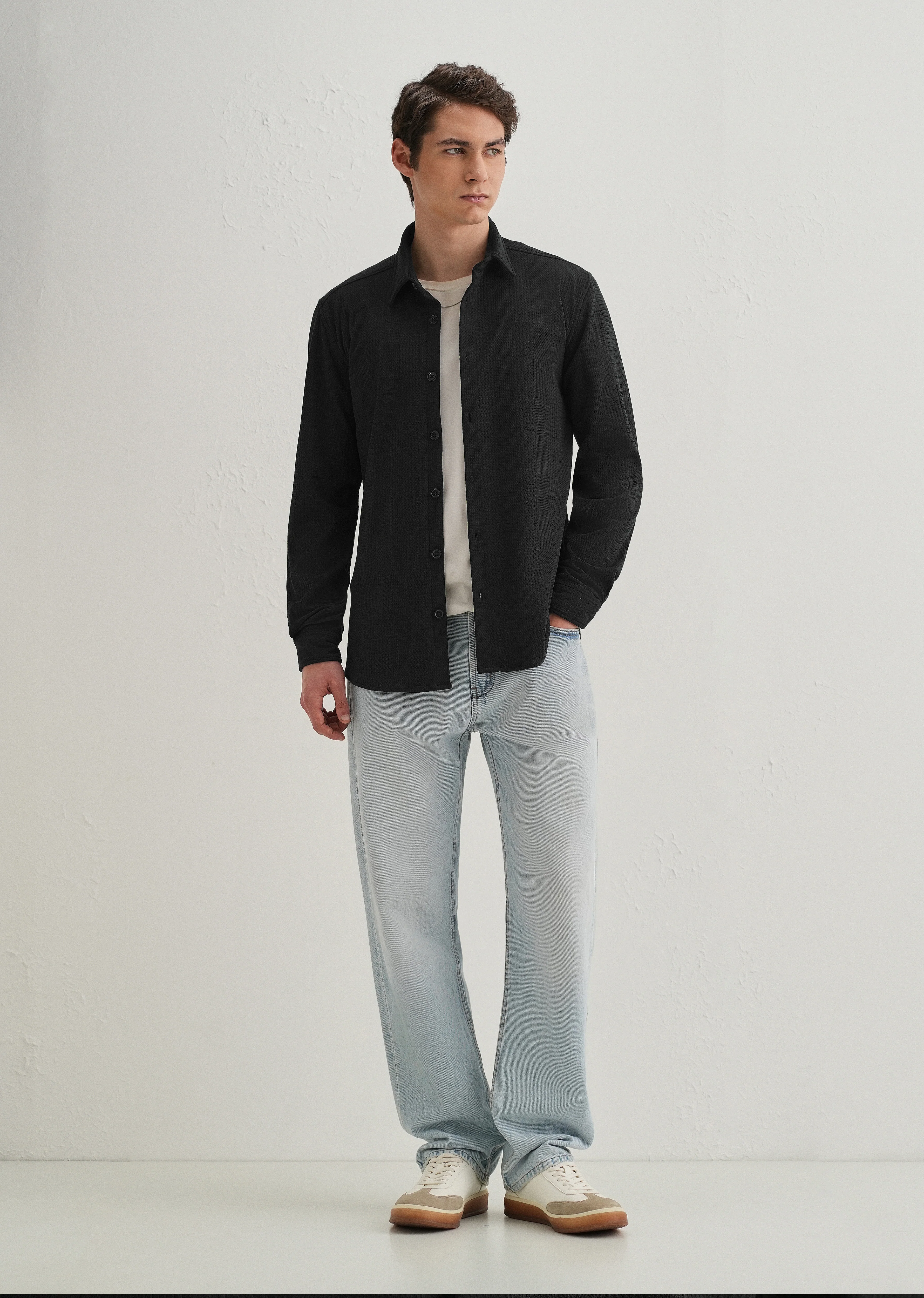 Black Grid Textured Knit Shirt - Image 6