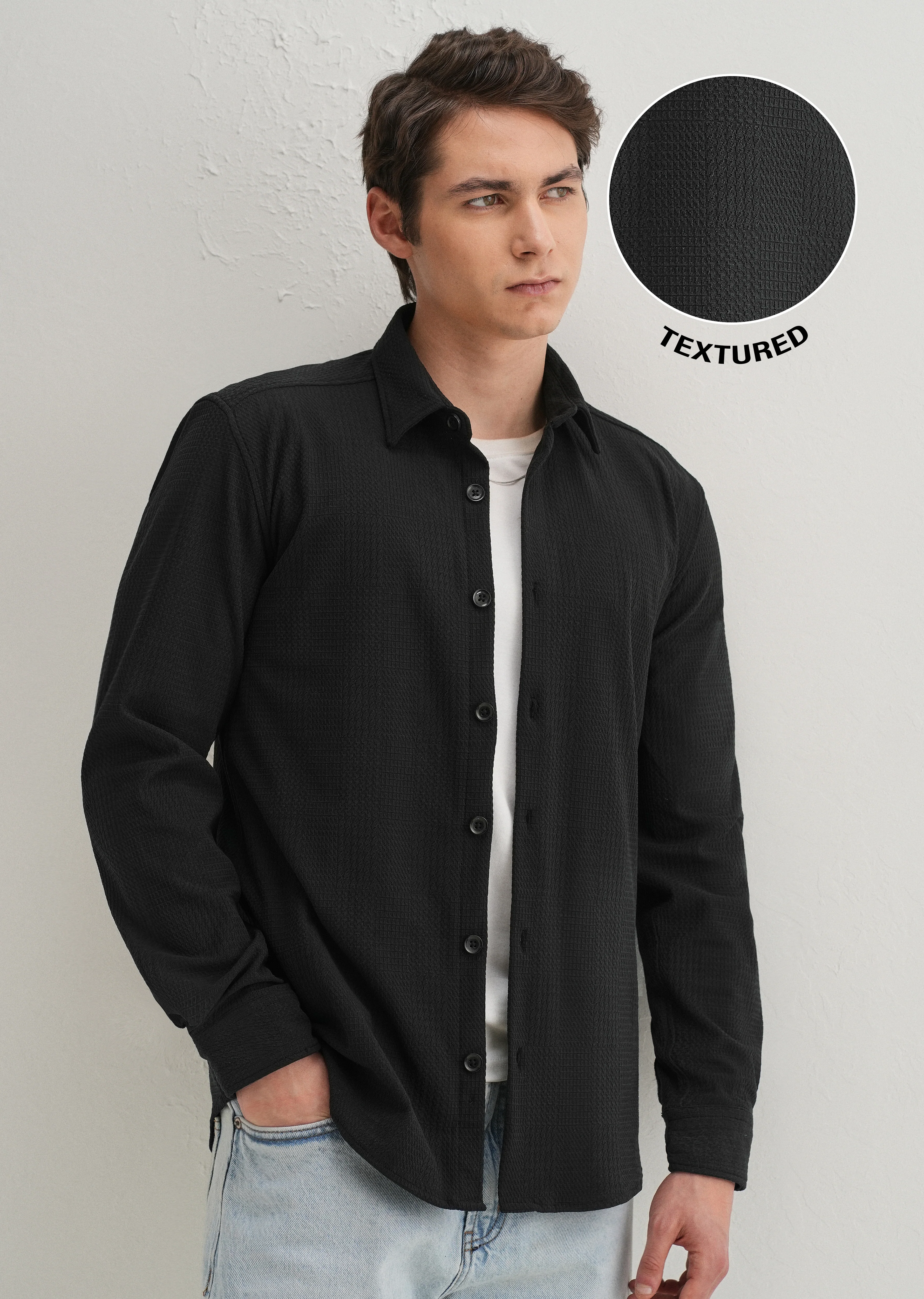 Black Grid Textured Knit Shirt - Image 7