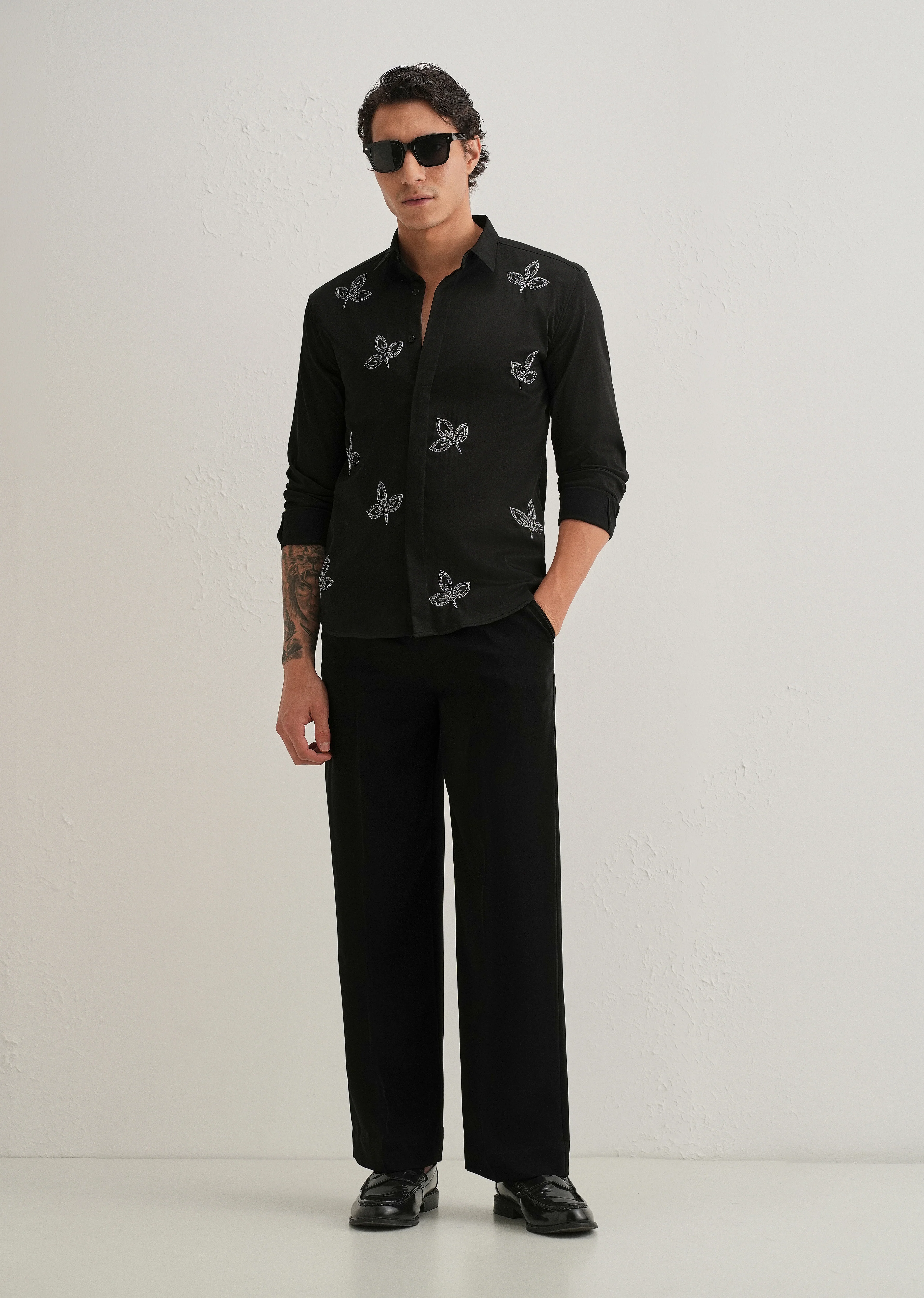 Black Handcrafted Leaf Designer Shirt - Image 6