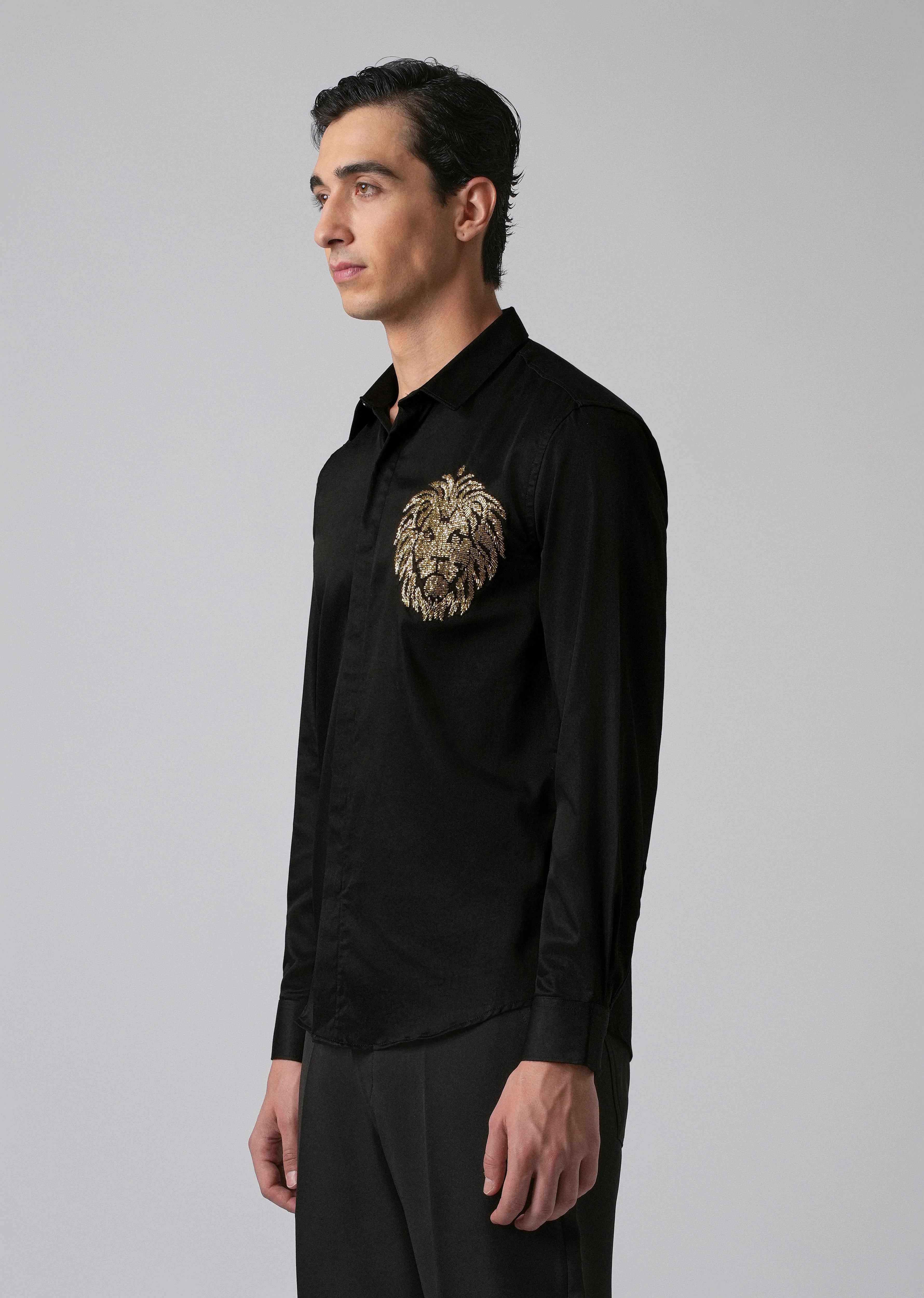 Black Handcrafted Lion Embroidery Designer Shirt - Image 4