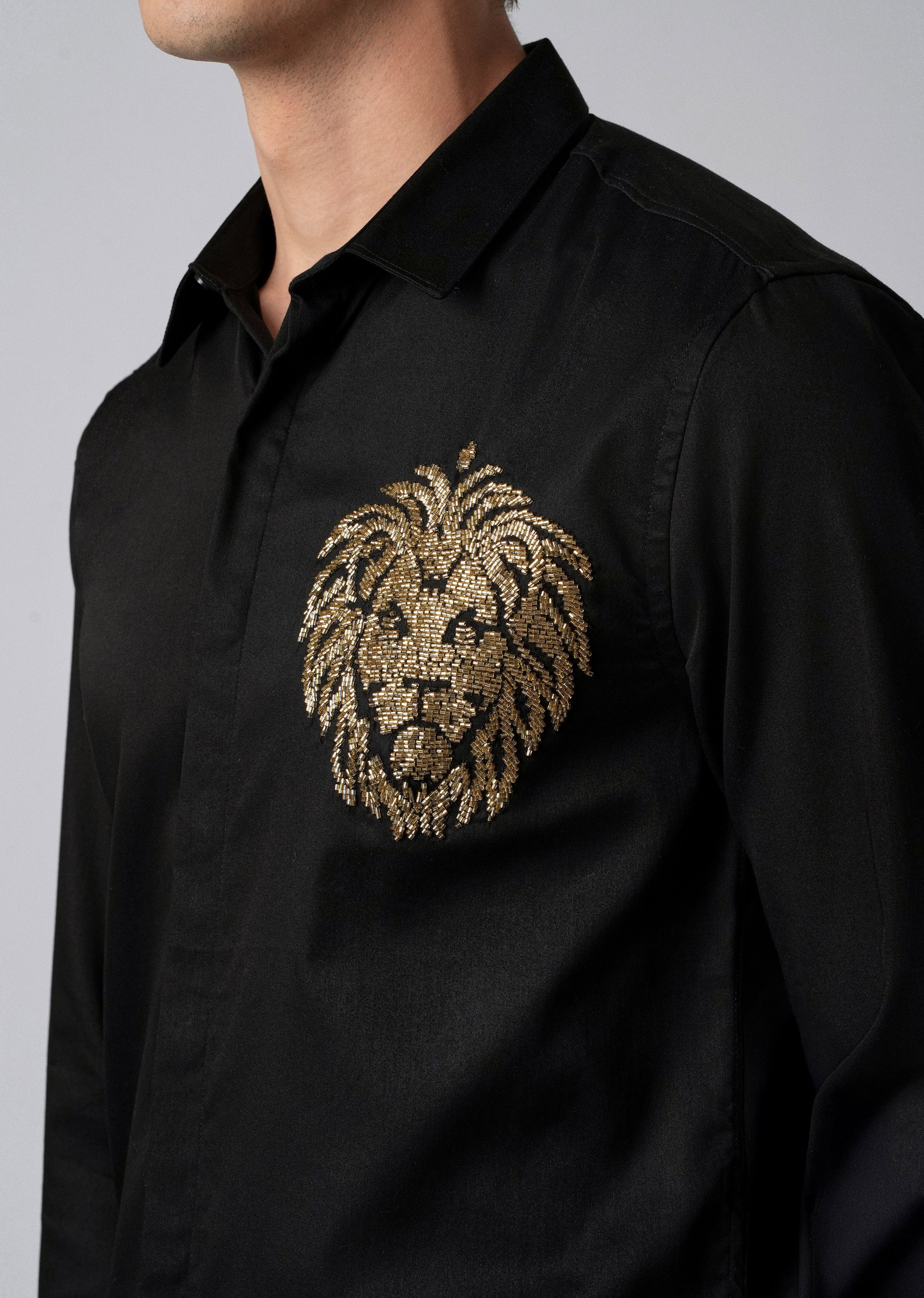 Black Handcrafted Lion Embroidery Designer Shirt - Image 5