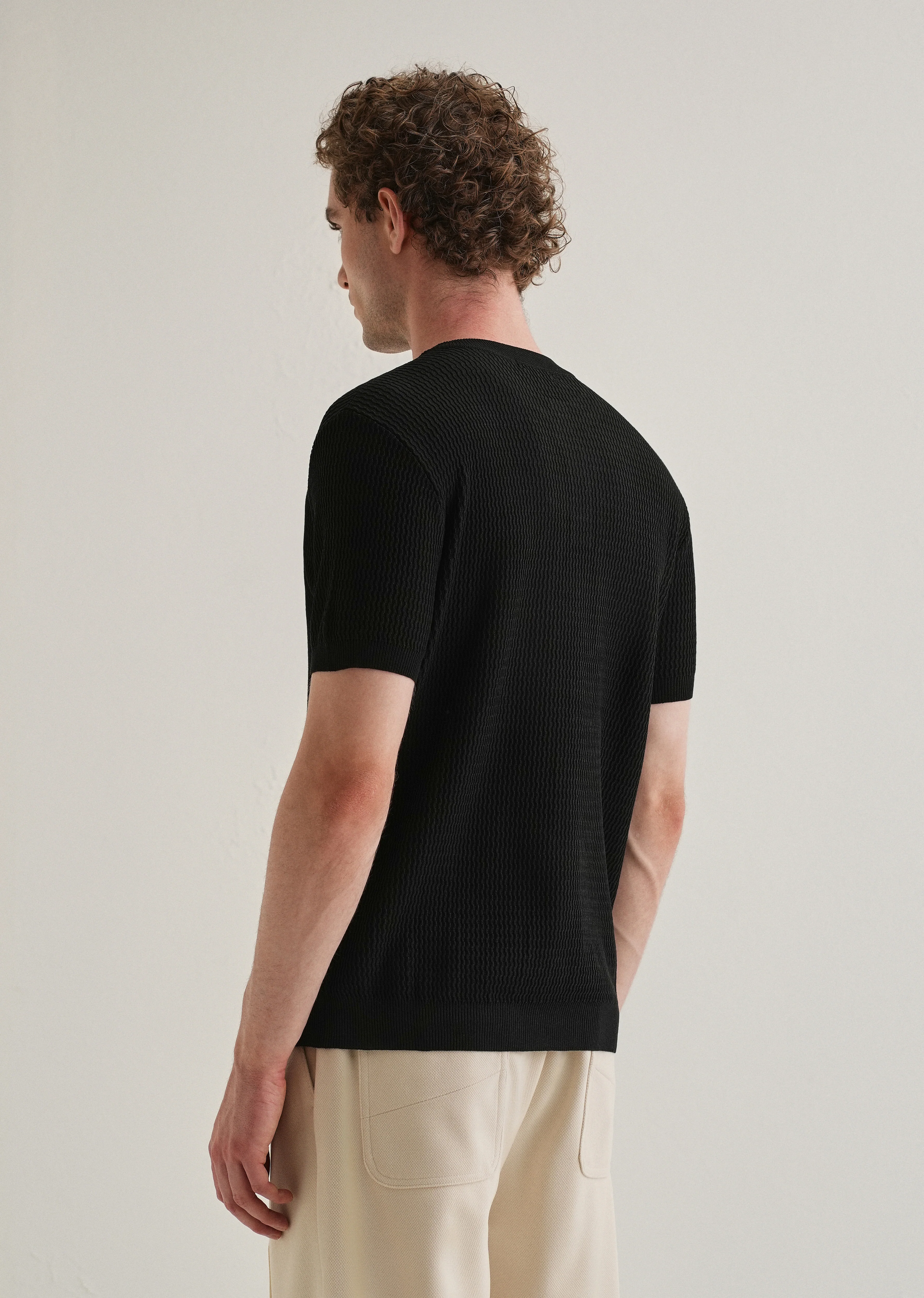 Black Henley Neck Knitted T-shirt - Image 2