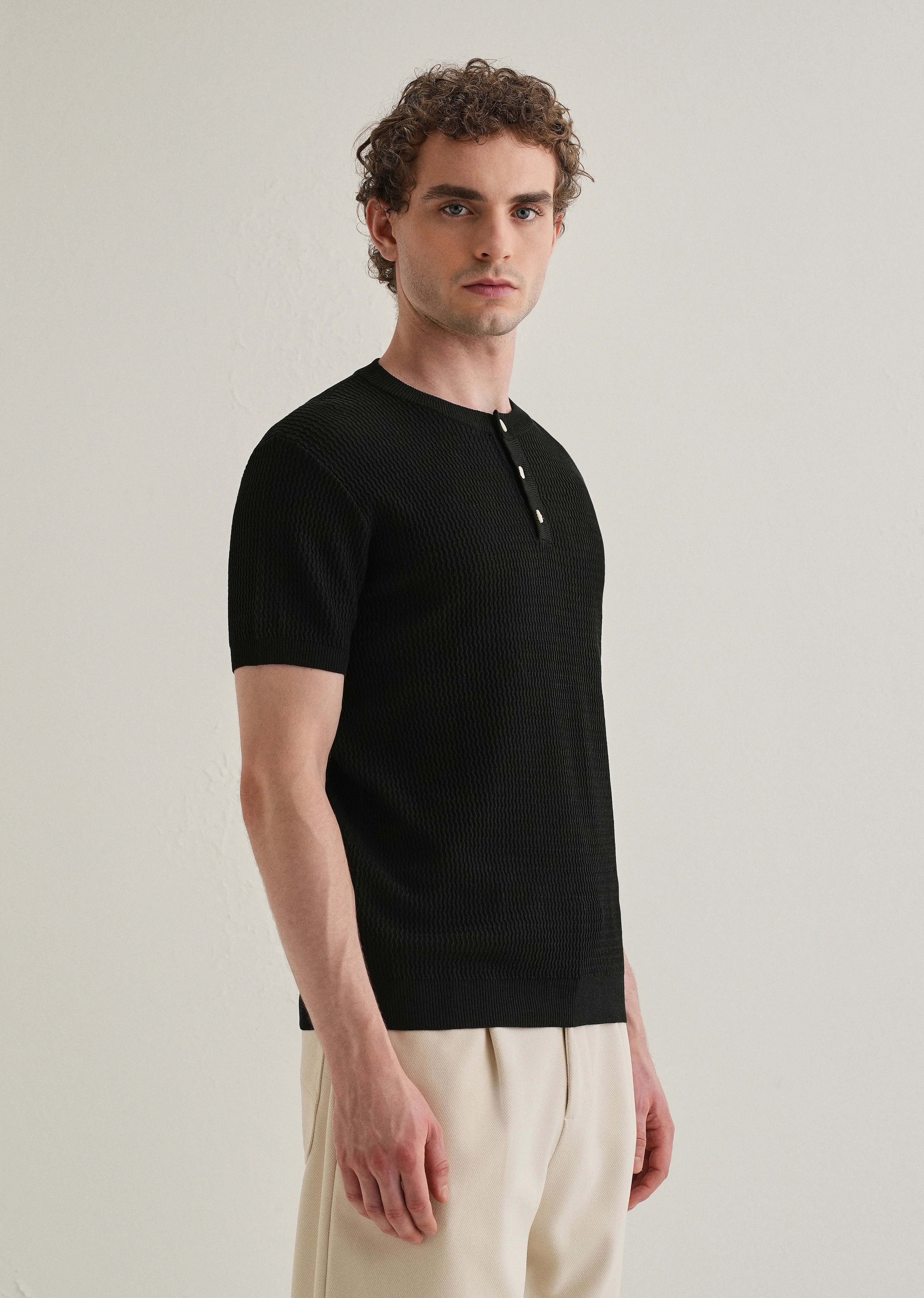 Black Henley Neck Knitted T-shirt - Image 4