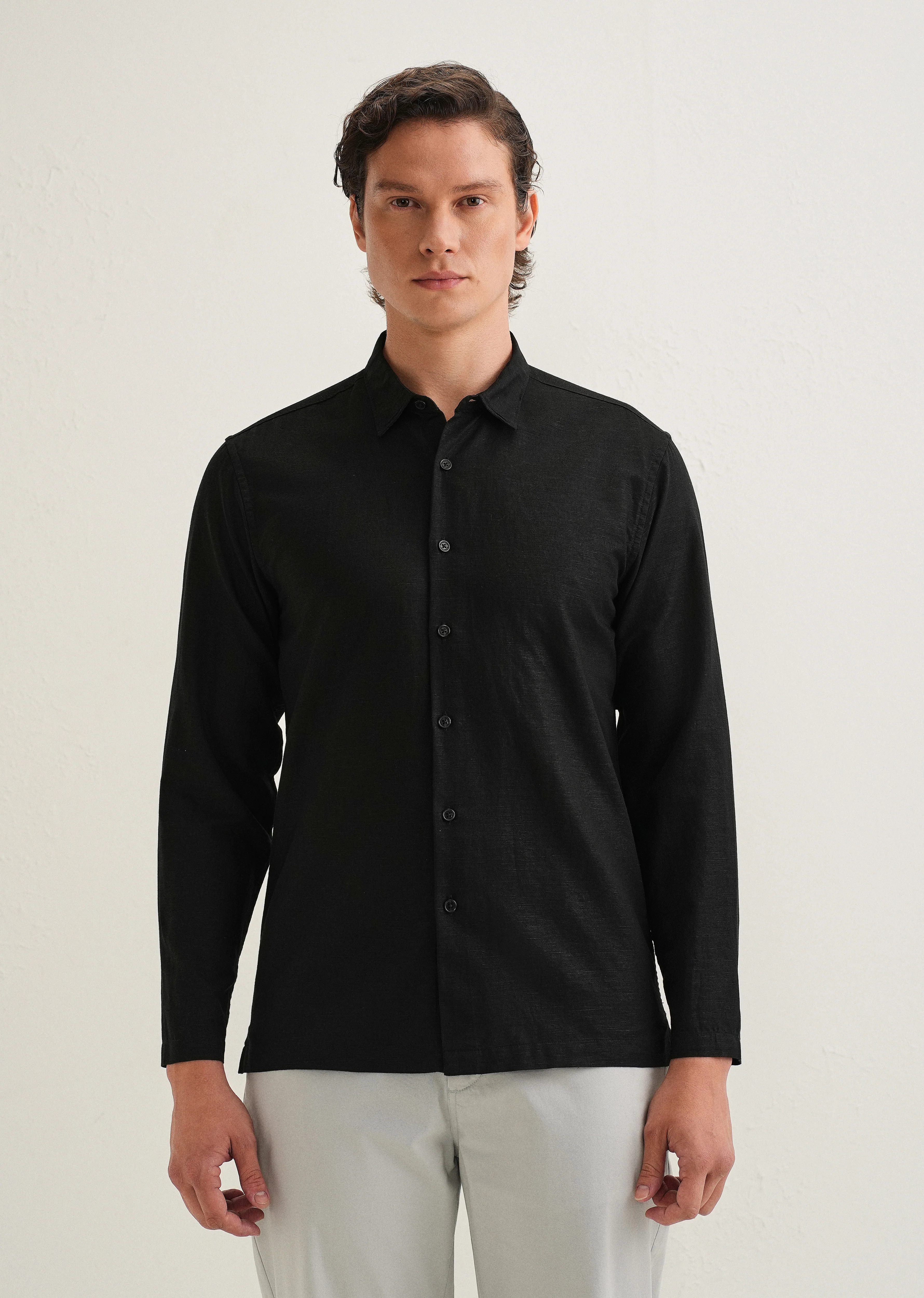 Black Hidden Sleeve Placket Cotton Linen Shirt - Image 3