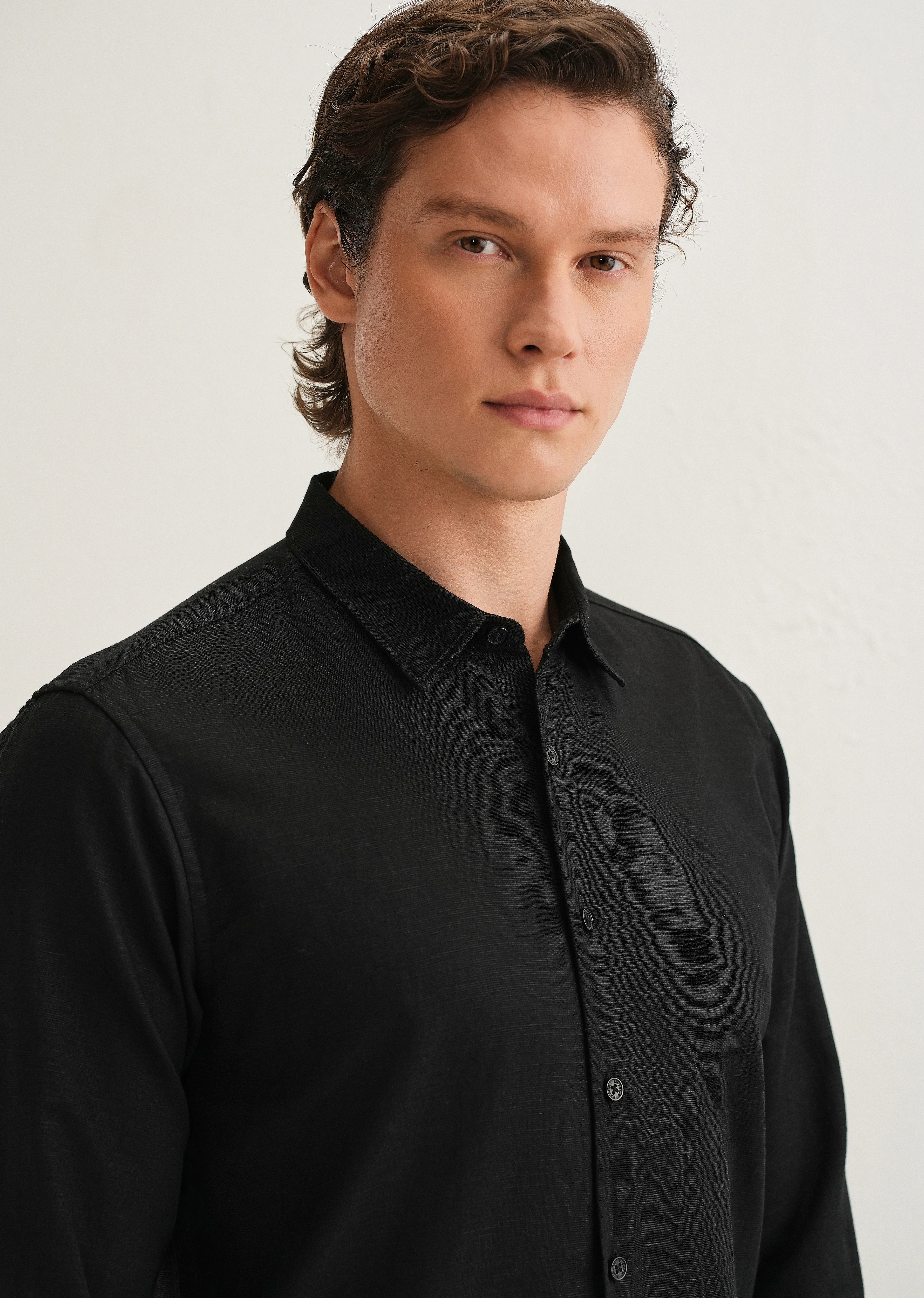 Black Hidden Sleeve Placket Cotton Linen Shirt - Image 6