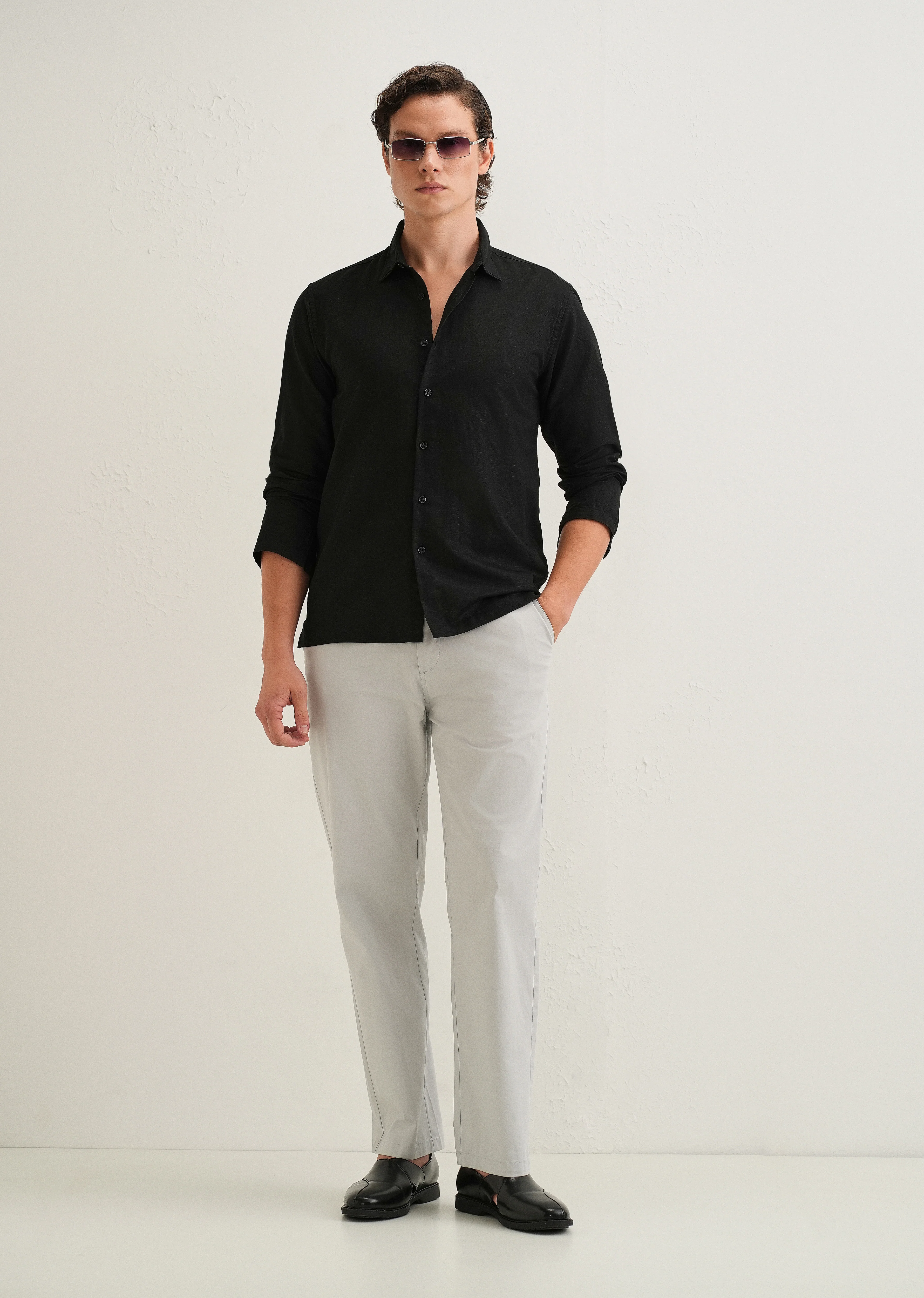 Black Hidden Sleeve Placket Cotton Linen Shirt - Image 8