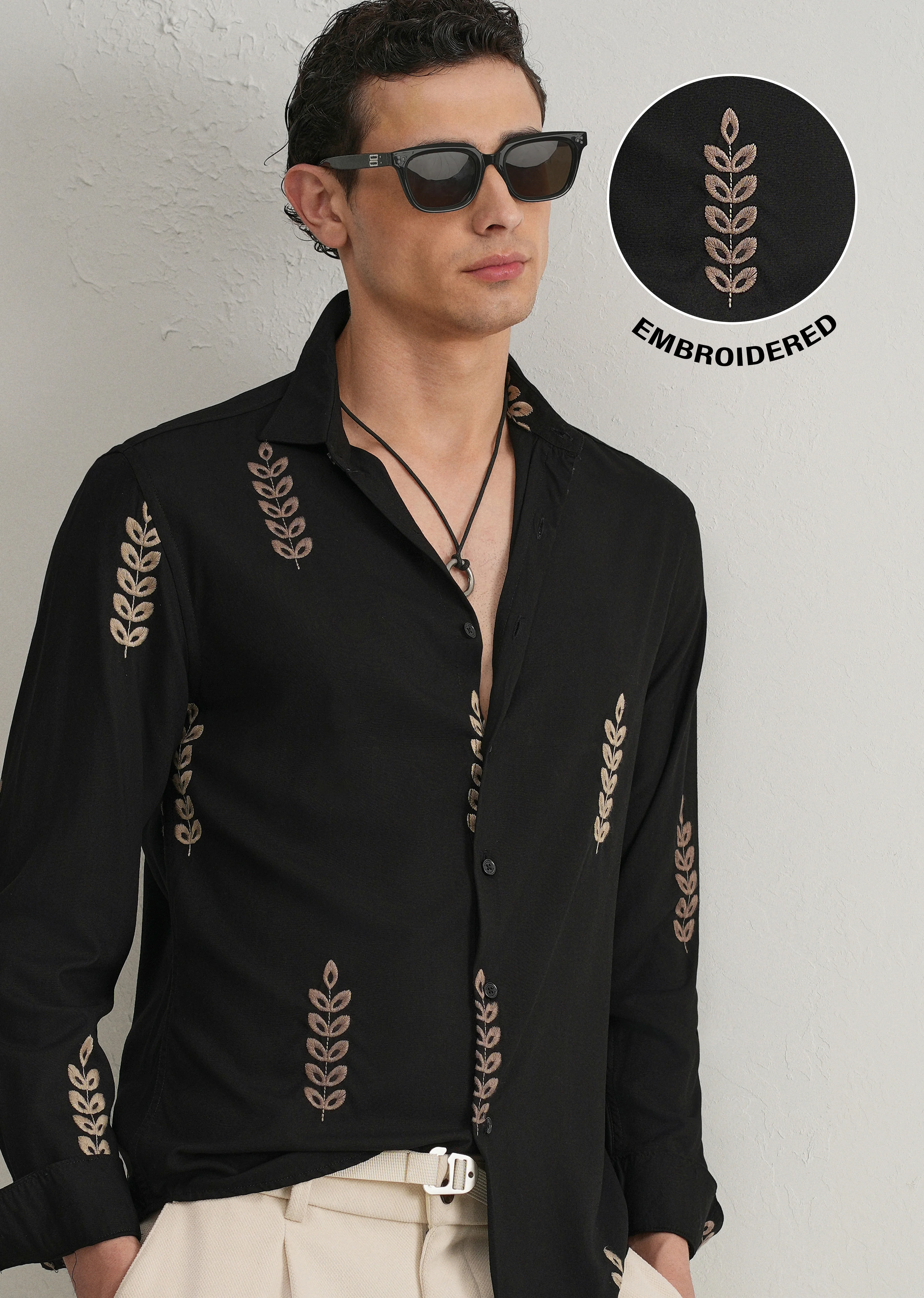Black Leaf Embroidery Shirt - Image 7