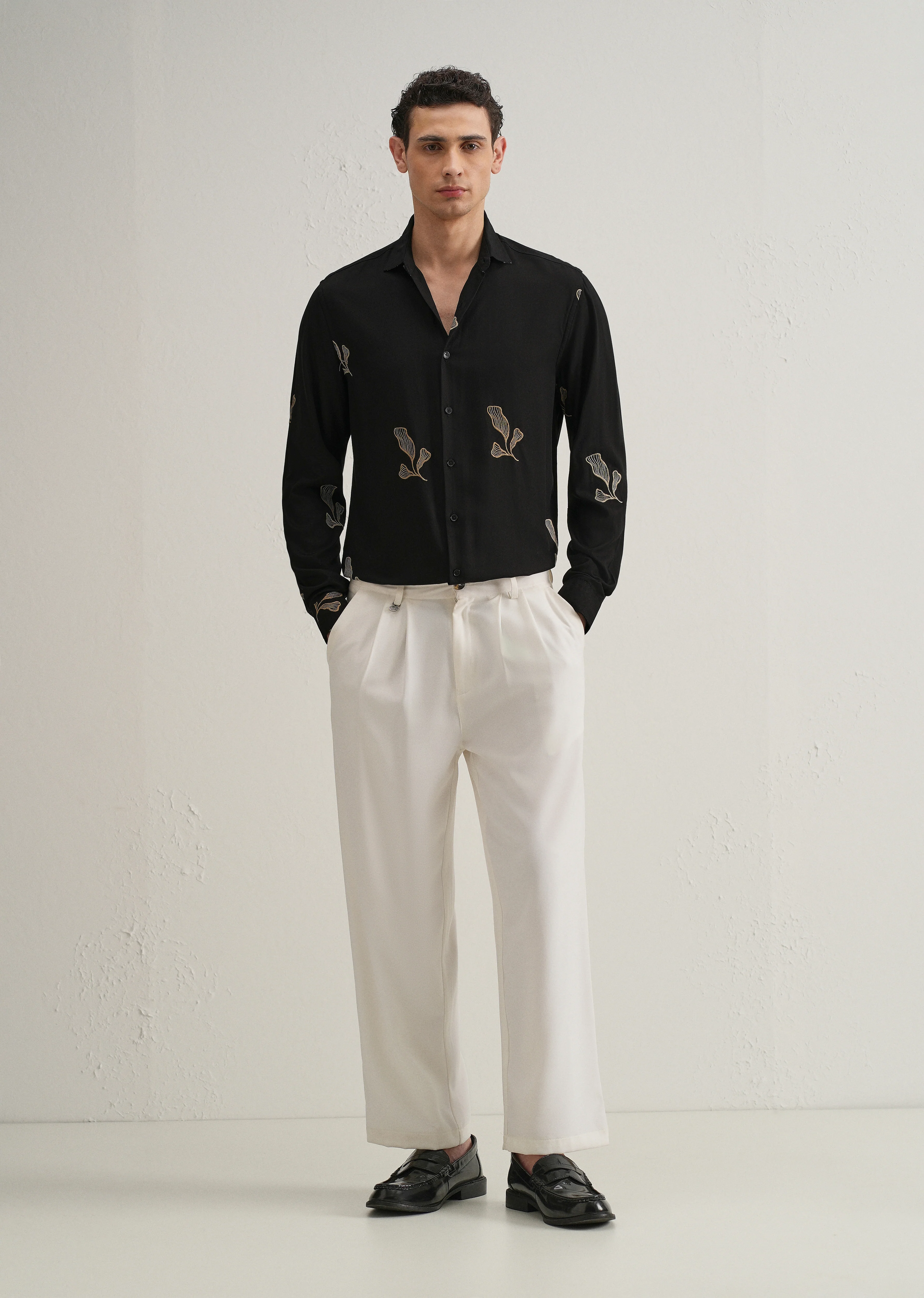 Black Leaf Motif Embroidery Shirt - Image 6