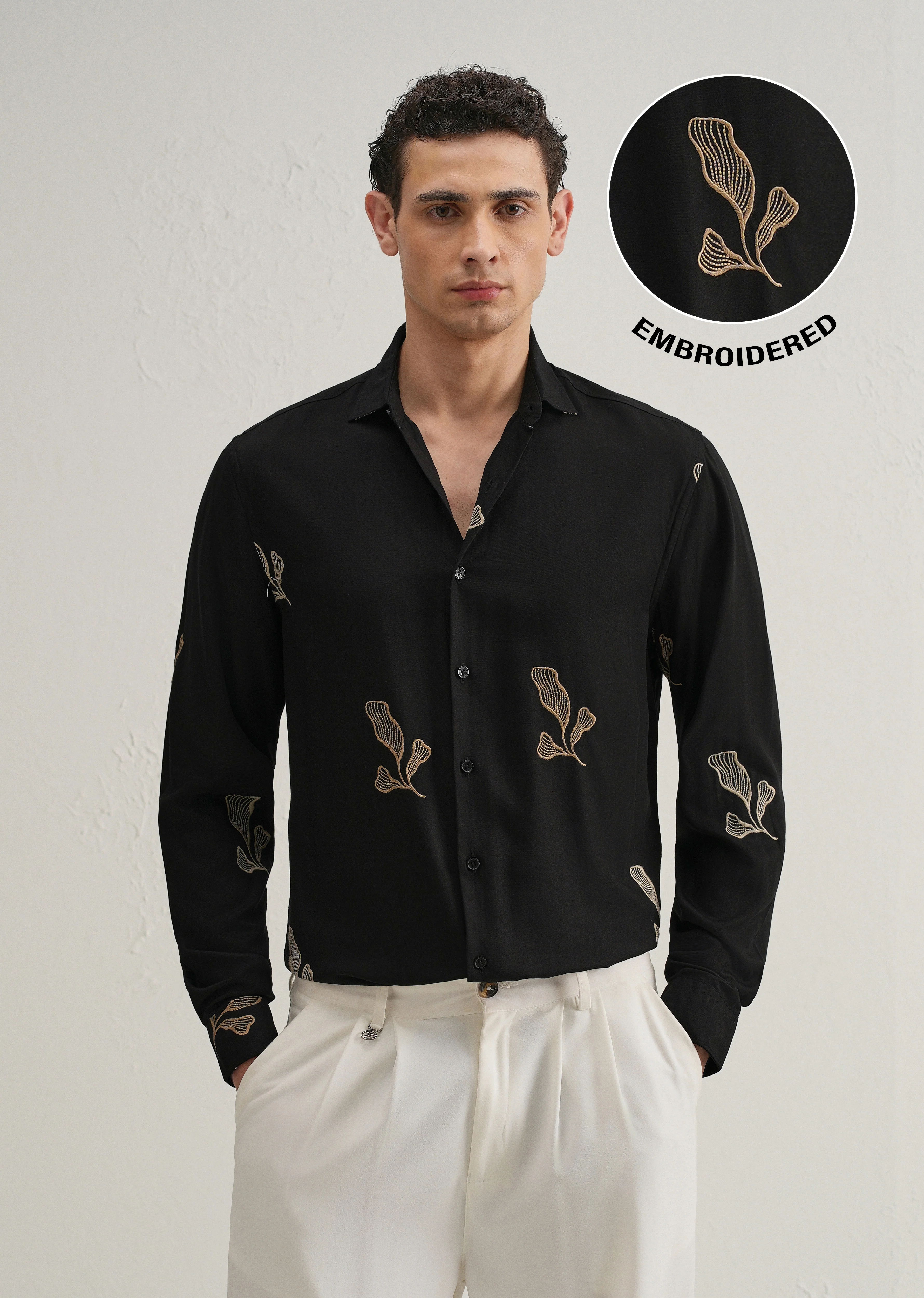 Black Leaf Motif Embroidery Shirt - Image 9