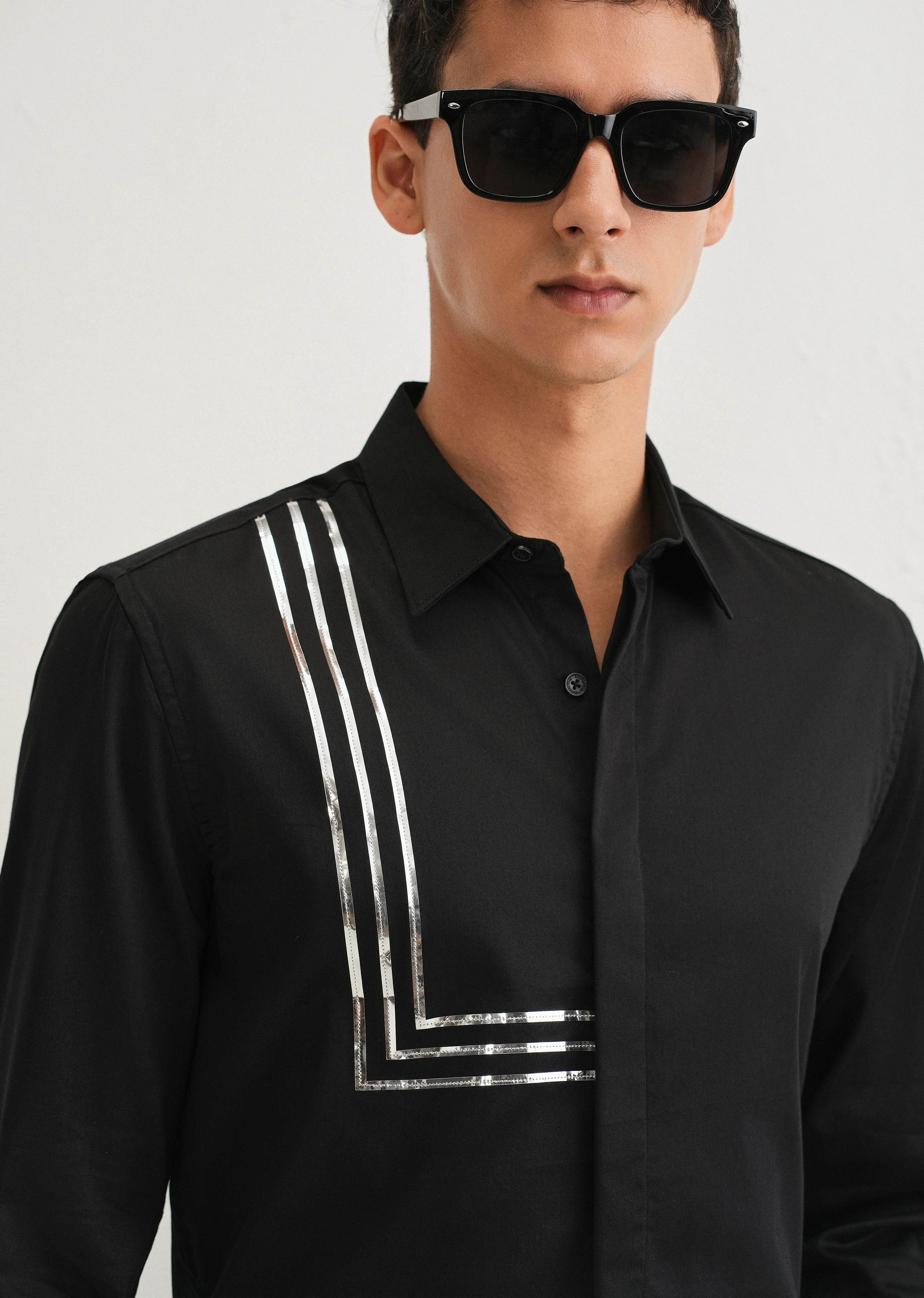 Black Metallic Stripe Designer Shirt - Image 2