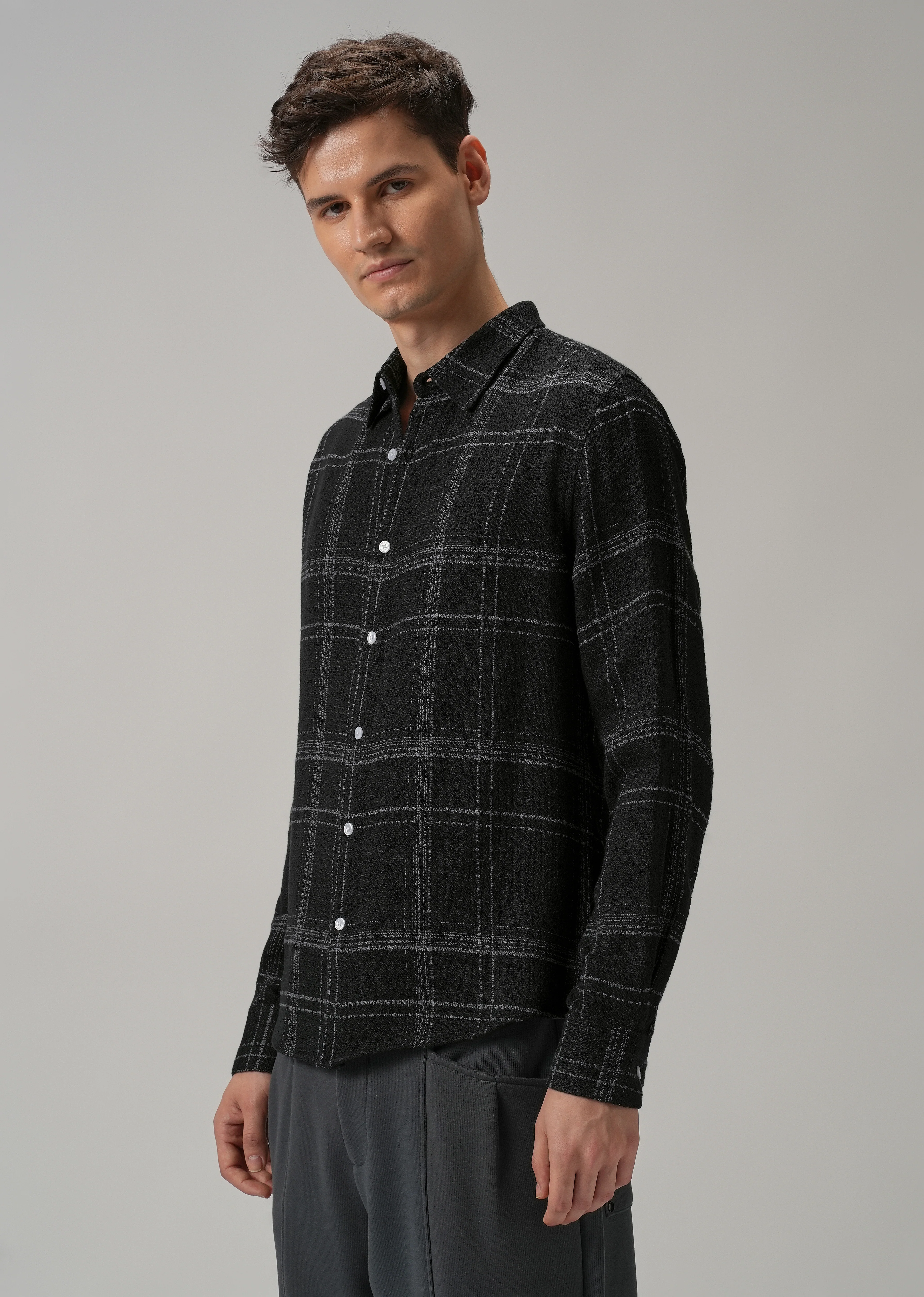 Black Plaid Textured Cotton Check Shirt - Image 4