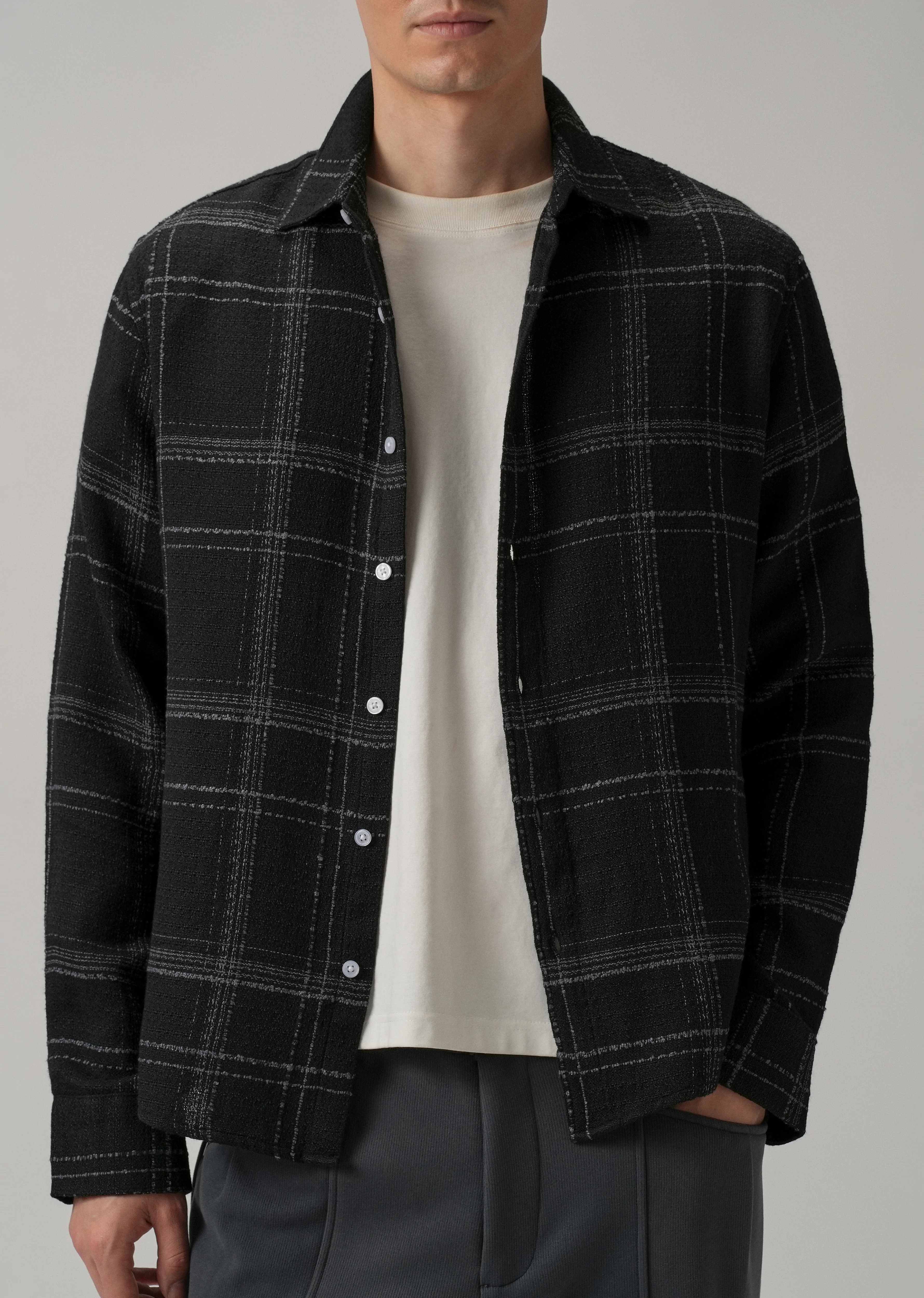 Black Plaid Textured Cotton Check Shirt - Image 7