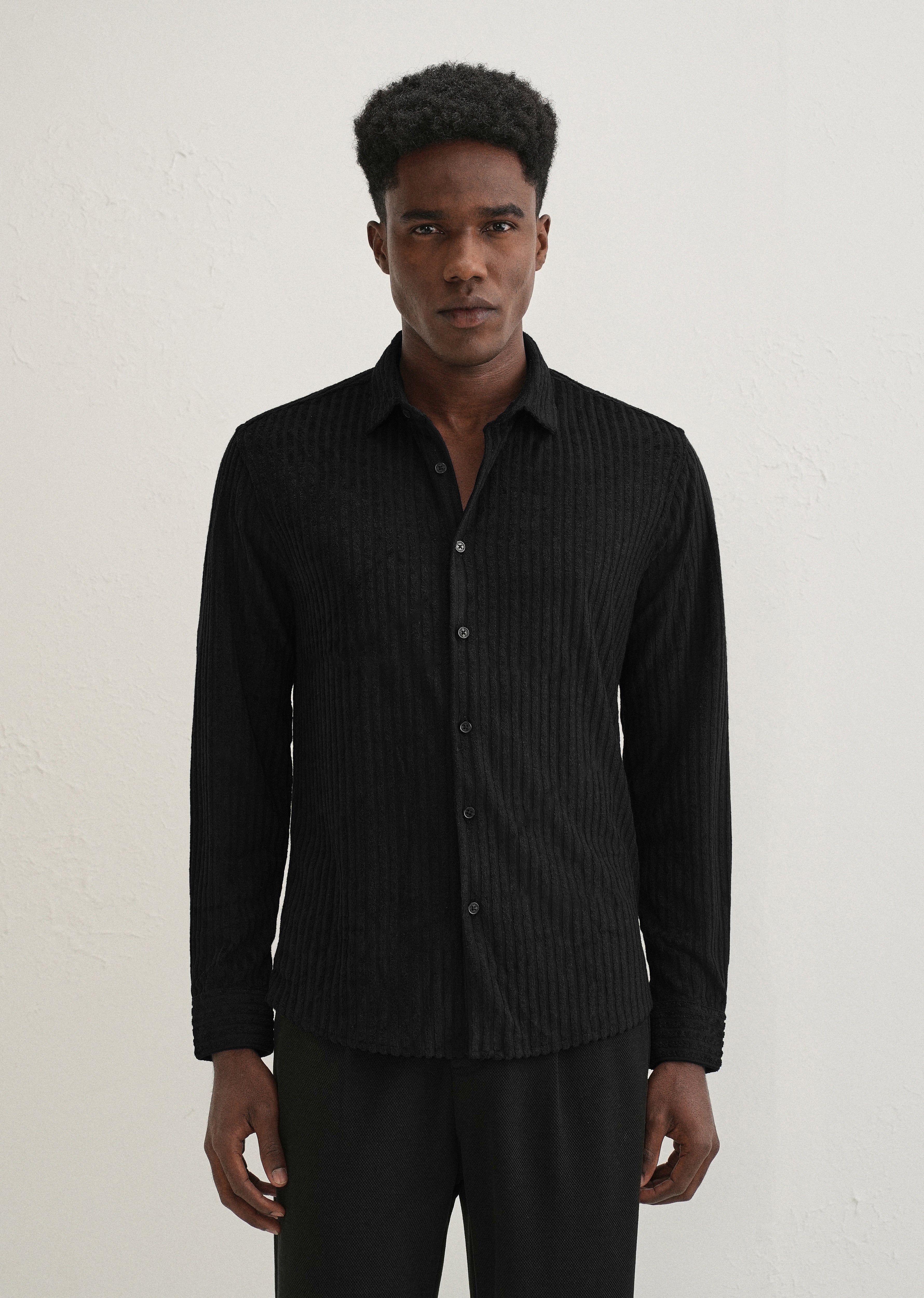 Black Plain Corduroy Stripe Shirt - Image 2