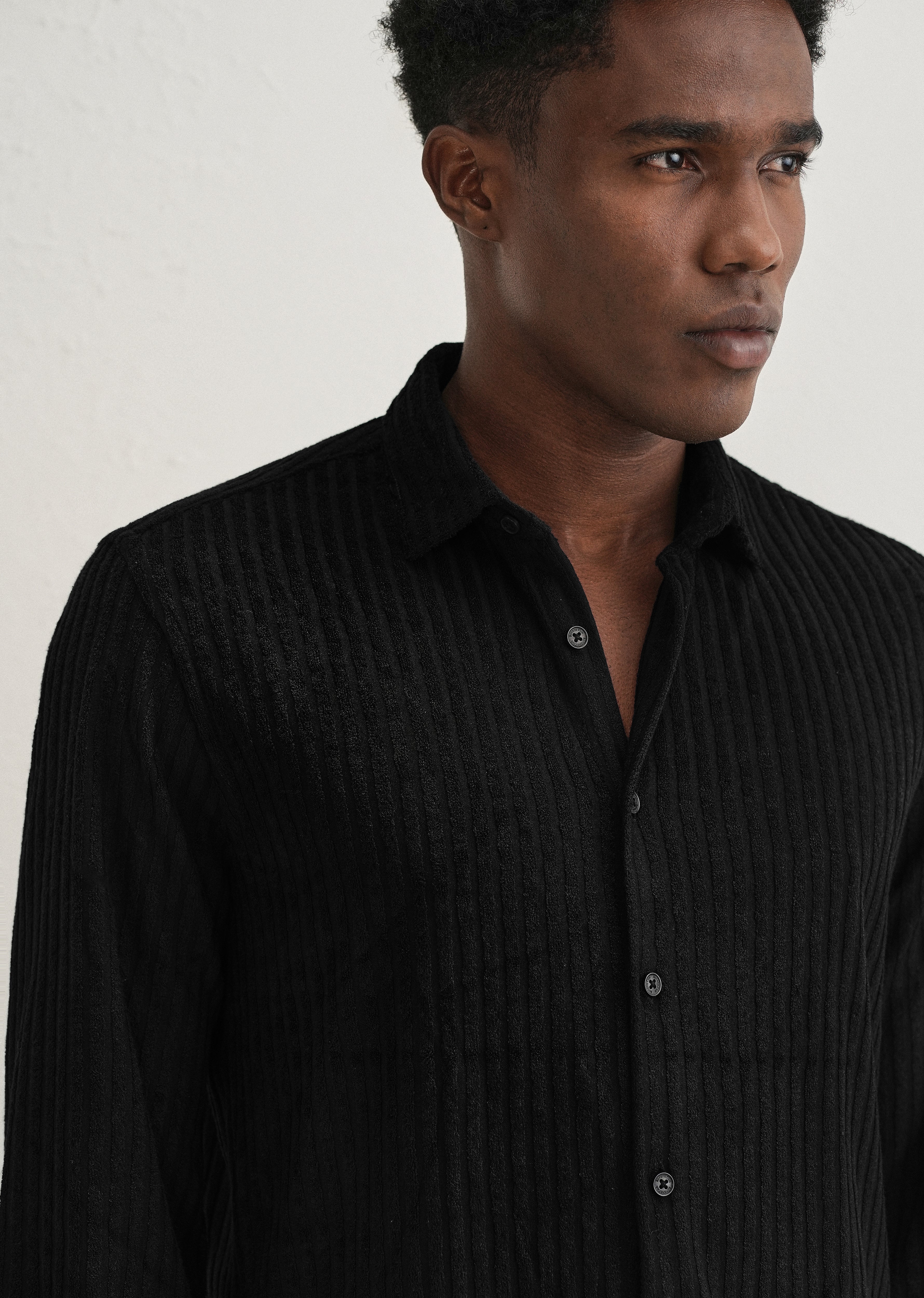 Black Plain Corduroy Stripe Shirt - Image 5