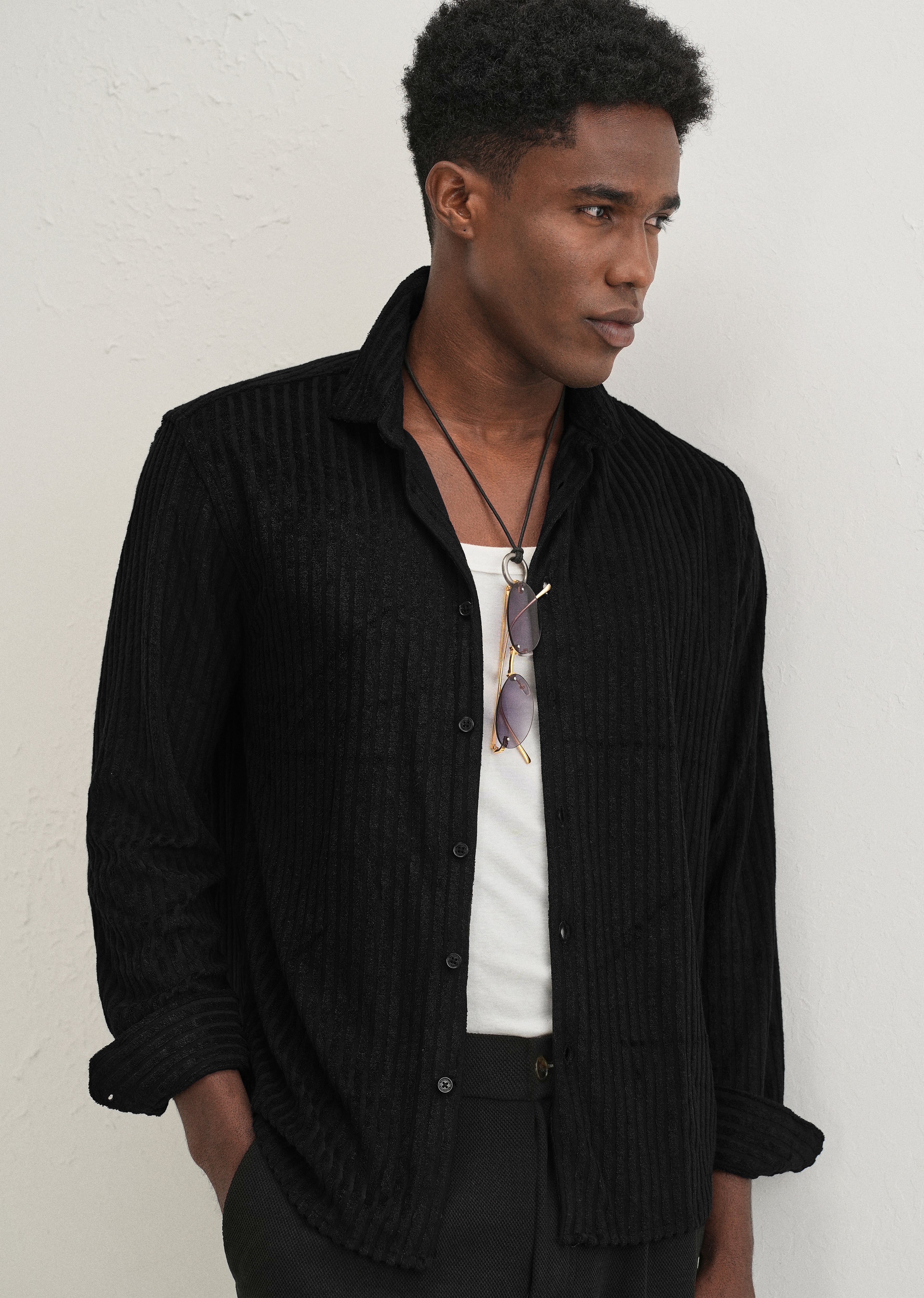 Black Plain Corduroy Stripe Shirt - Image 7