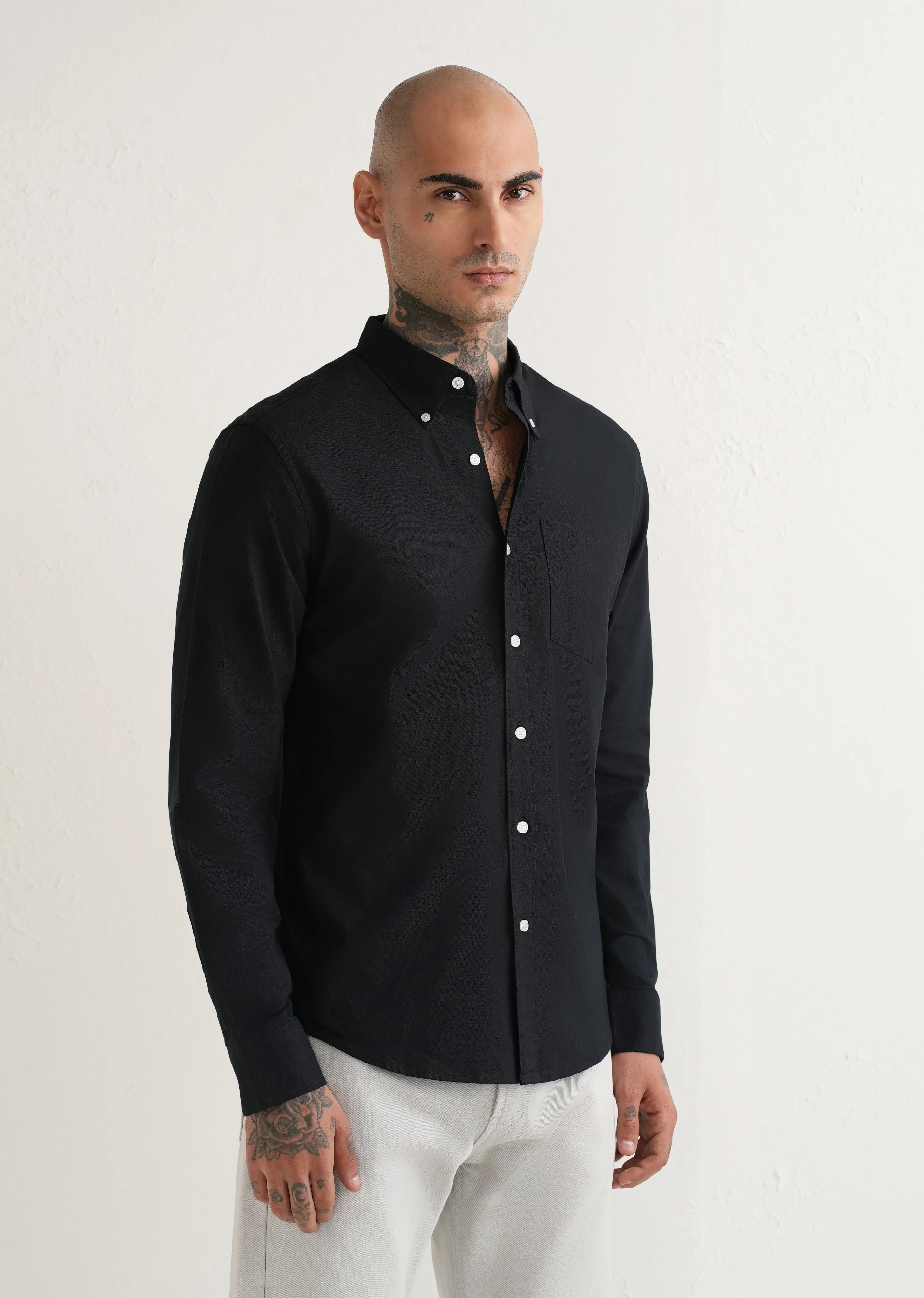Black Plain Cotton Oxford Shirt - Image 4