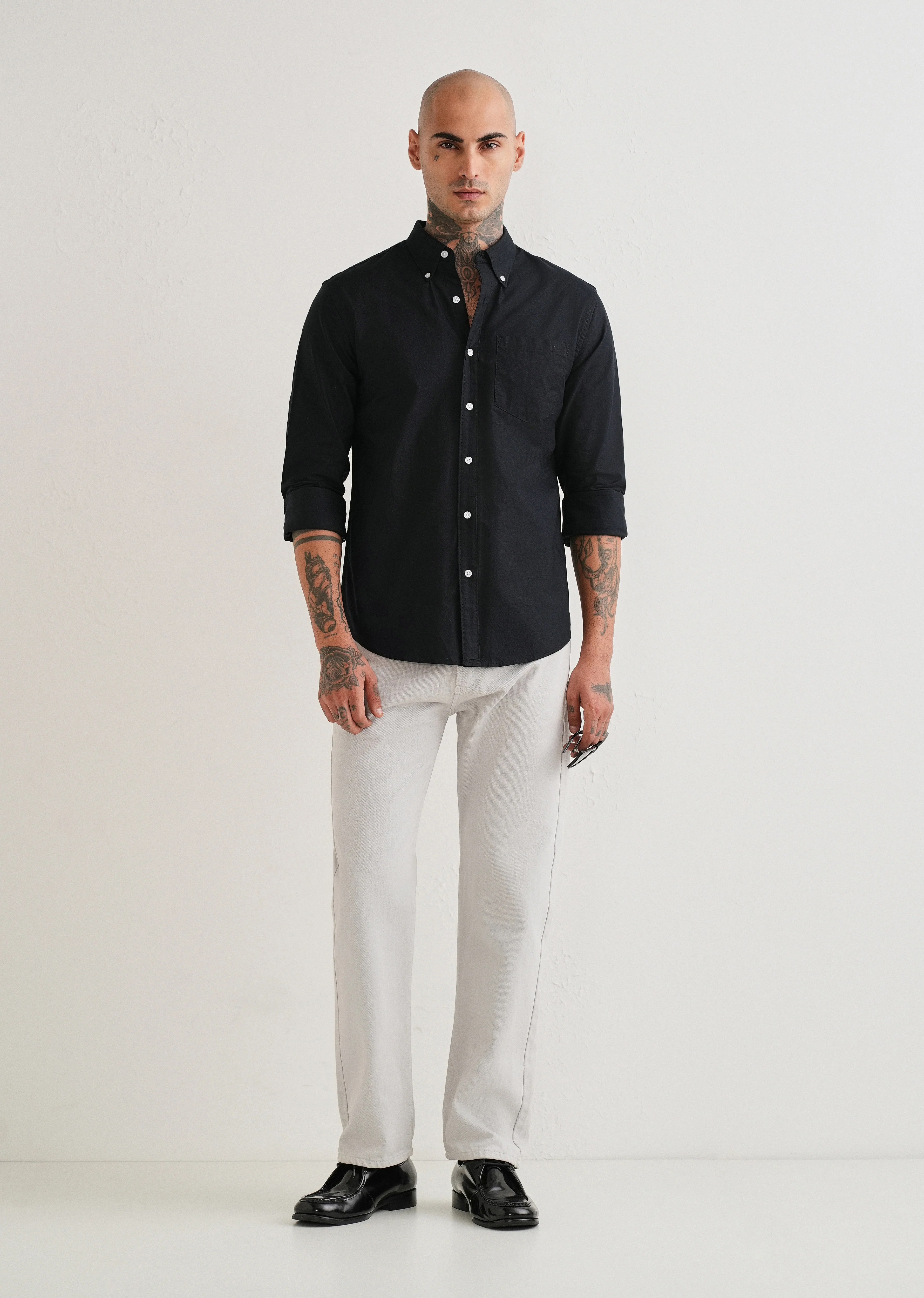 Black Plain Cotton Oxford Shirt - Image 6