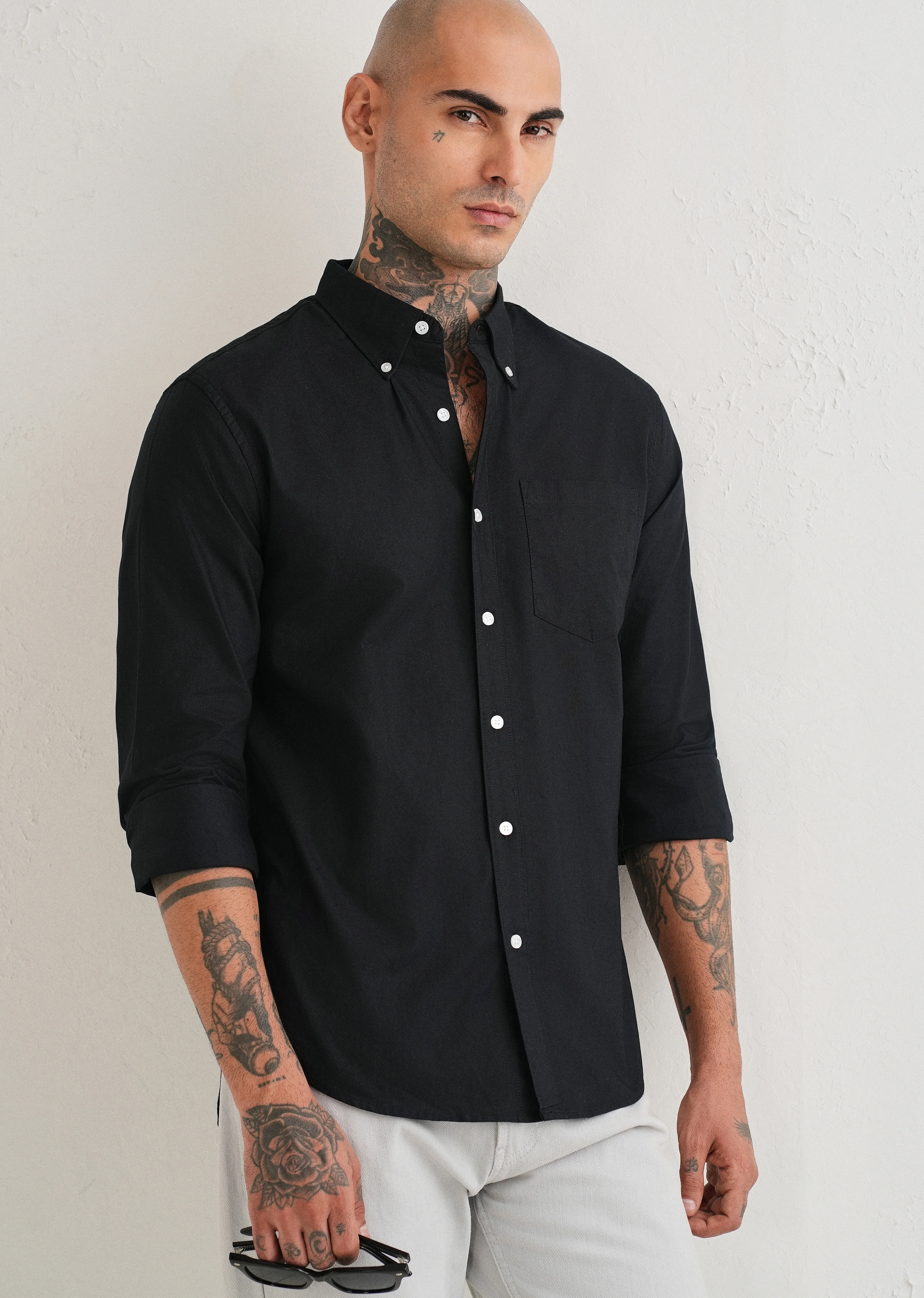 Black Plain Cotton Oxford Shirt - Image 7